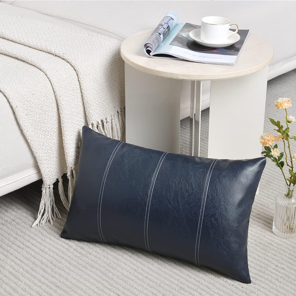 Fancy Homi Navy Blue Lumbar Waterproof Faux Leather Decorative Throw Pillow Covers 12x20 Inch for Outdoor Couch Bed, Modern Farmhouse Boho Home Decor, Blue Hand Stitched Cushion Case 30x50 cm