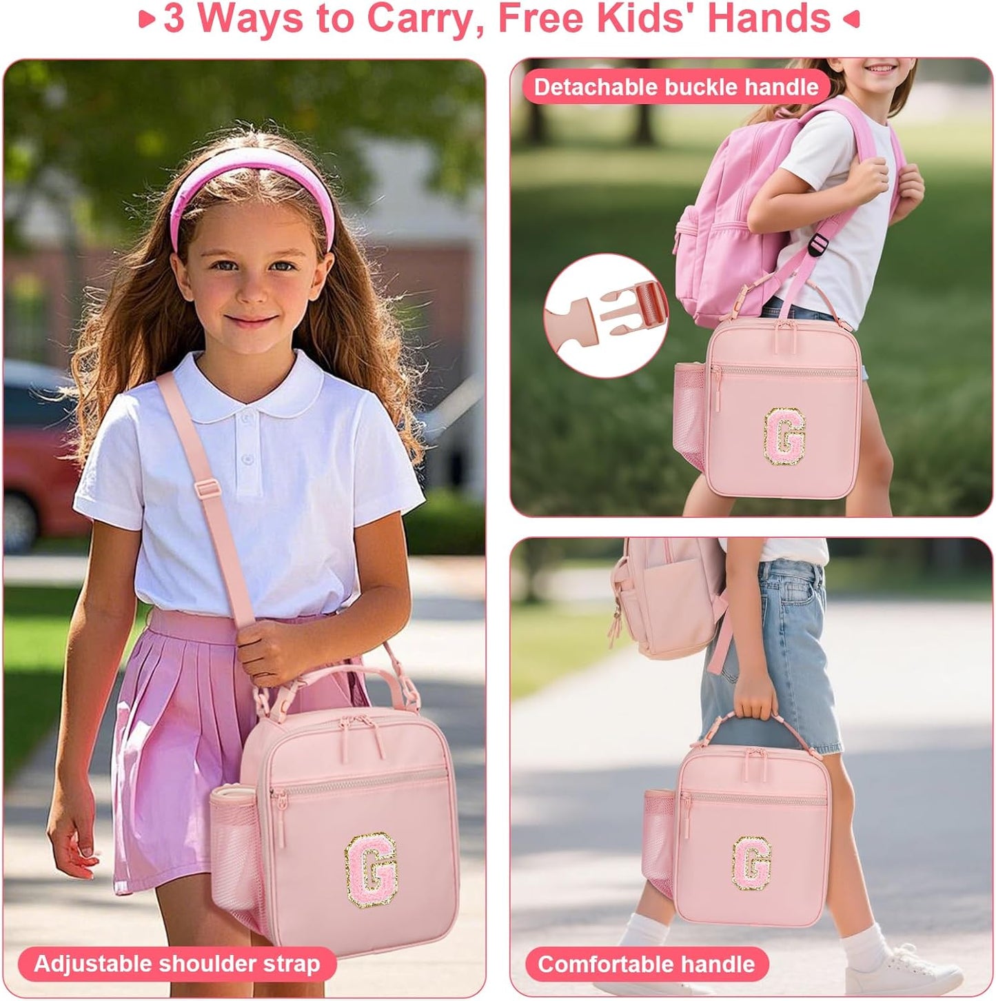 Initial Insulated Lunch Bag for Girls Kids, Back to School Gift, Reusable Leak-proof Lunch Box with Adjustable Strap for School Daycare Travel Picnic (Pink,G)