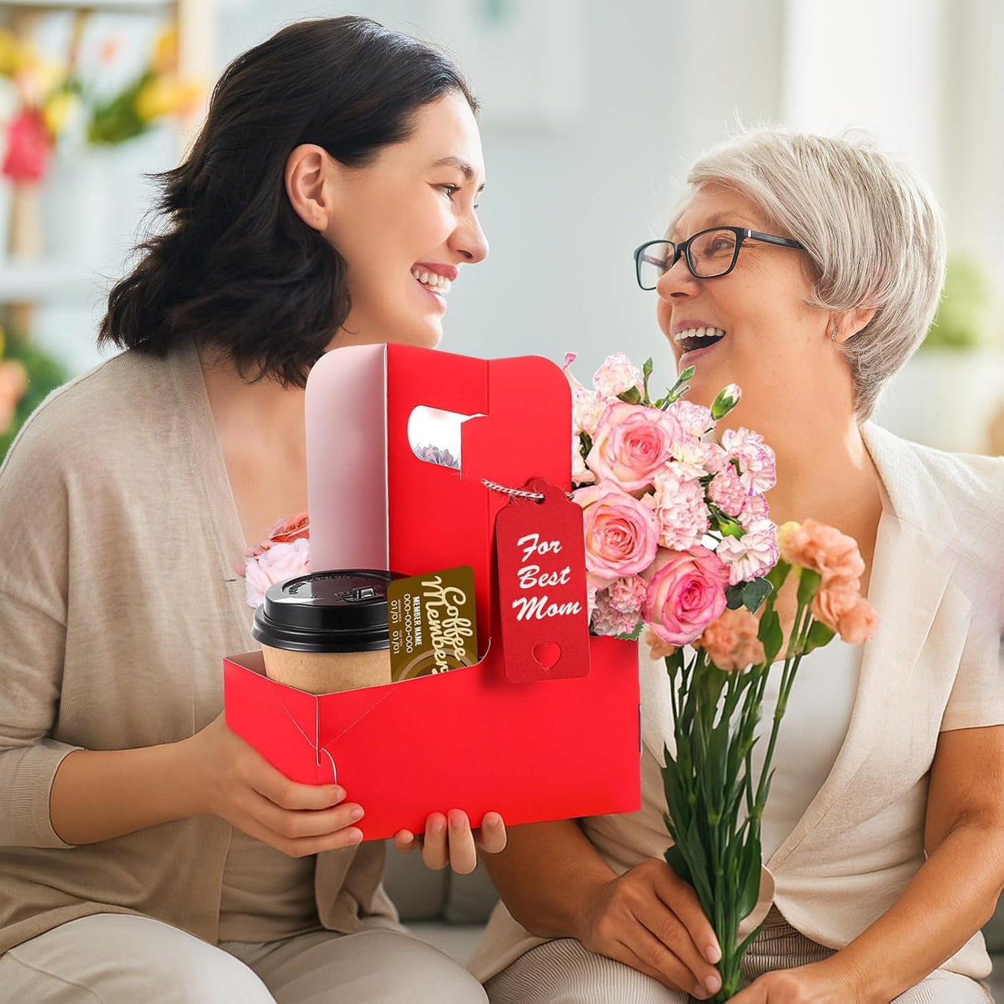 30 Pack 2 Cup Disposable Drink Carrier with Handle Paperboard Coffee Cup Holder Portable for Hot Cold Drinks Food Delivery Services with Heart Card for Teacher Appreciation Week Mother's Day