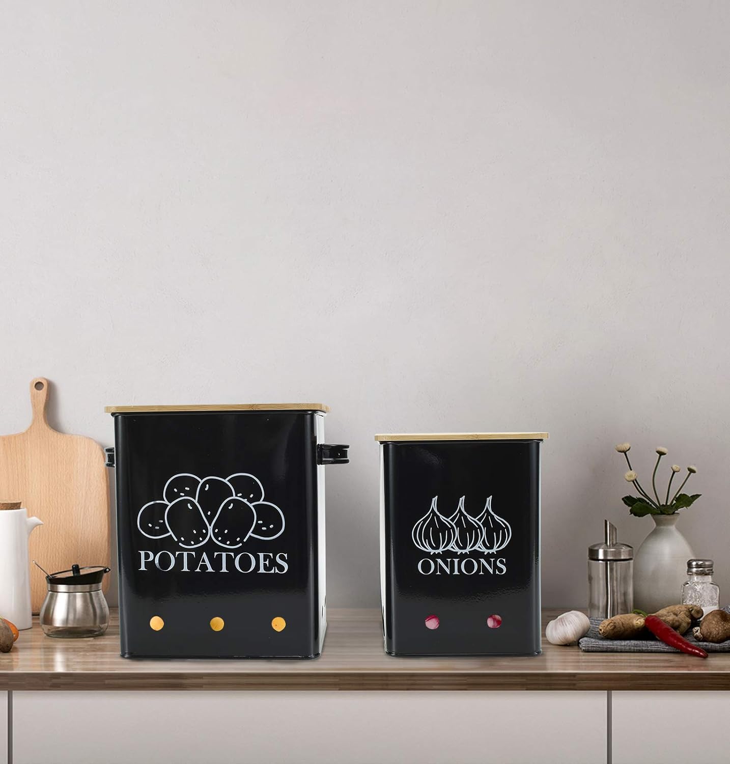 Kitchen Vegetable Storage Tins Set of 2 for Potatoes, Onion, with wooden lid Garlic Bin Caddy, Long Shelf Life-Black