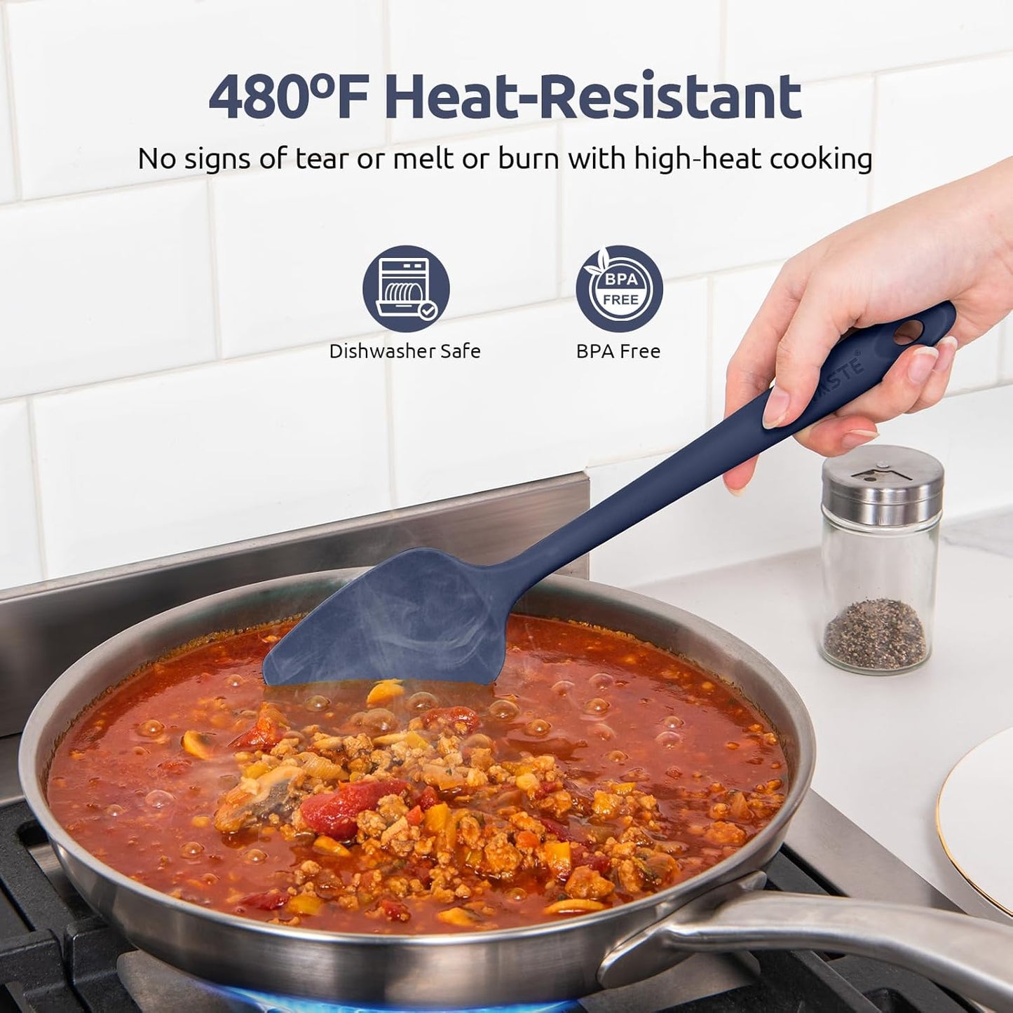 U-Taste Silicone Spoon Spatula Set: 480ºF Heat Resistant Food Grade Flexible Rubber Spoonula, Nonstick Cooking Mixing Scooping Kitchen Baking Scraper Utensils Set of 3 for Pan, Bowl (Midnight Blue)