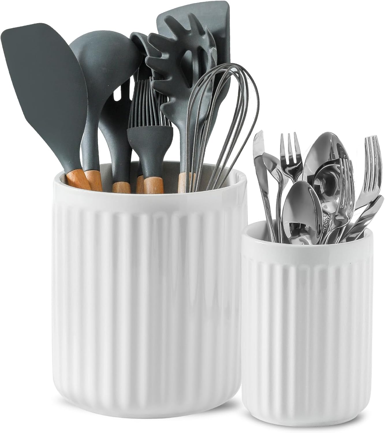 Hasense Utensil Holder Set of 2, 7.3" + 5.7" Farmhouse Utensil Holder for Kitchen Countertop, Stable Ceramic Utensil Crock for Christmas & Housewarming Gift, Spatula Holder for Counter, White