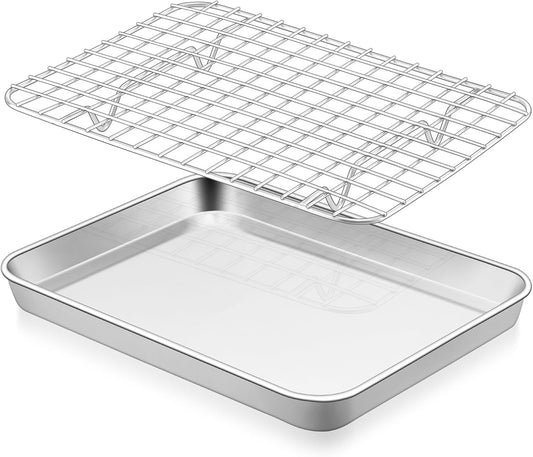 E-far Baking Sheet with Rack Set, 9.5” x 7.3” Stainless Steel Cookie Sheet Baking Pan for Toaster Oven, Mini Metal Tray with Cooling Wire Rack for Cooking Roasting, Non-toxic & Dishwasher Safe