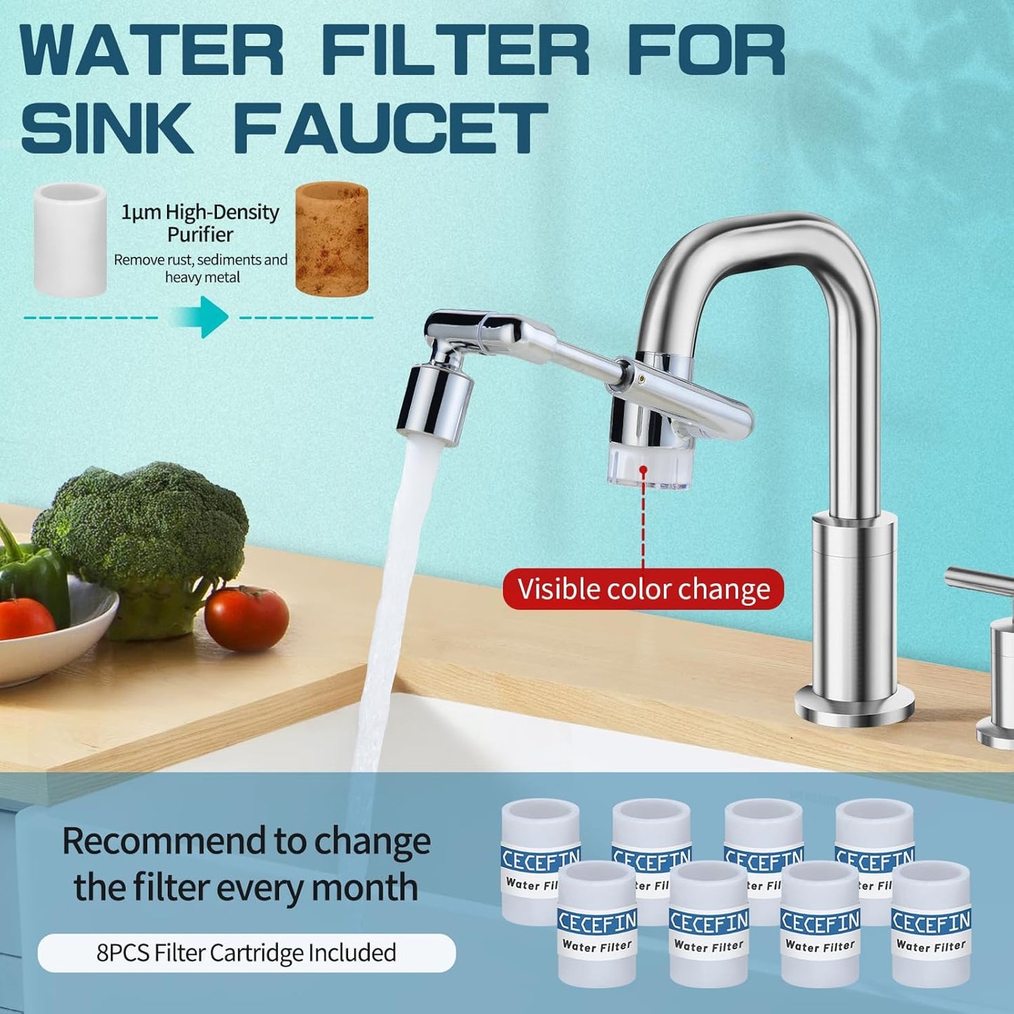 CECEFIN 8pcs Filter Cartridges Replacement for Swivel Faucet Water Filter, 1um Micro-Porous Purifier, 1.2inch Diameter Strong Filter-ability Element, Improve Water Conditions