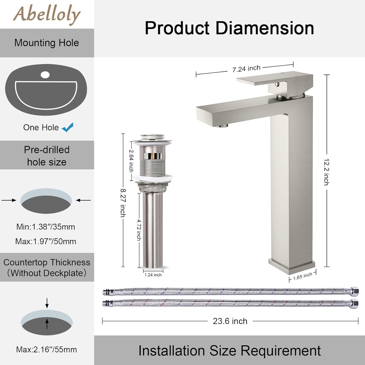 Brushed Nickel Solid Brass Tall Single Handle Bathroom Faucet, cUPC & CEC Certified Vessel Sink Faucet 1 Hole, Mixer Bar Tap with Pop Up Drain & Water Supply Hoses