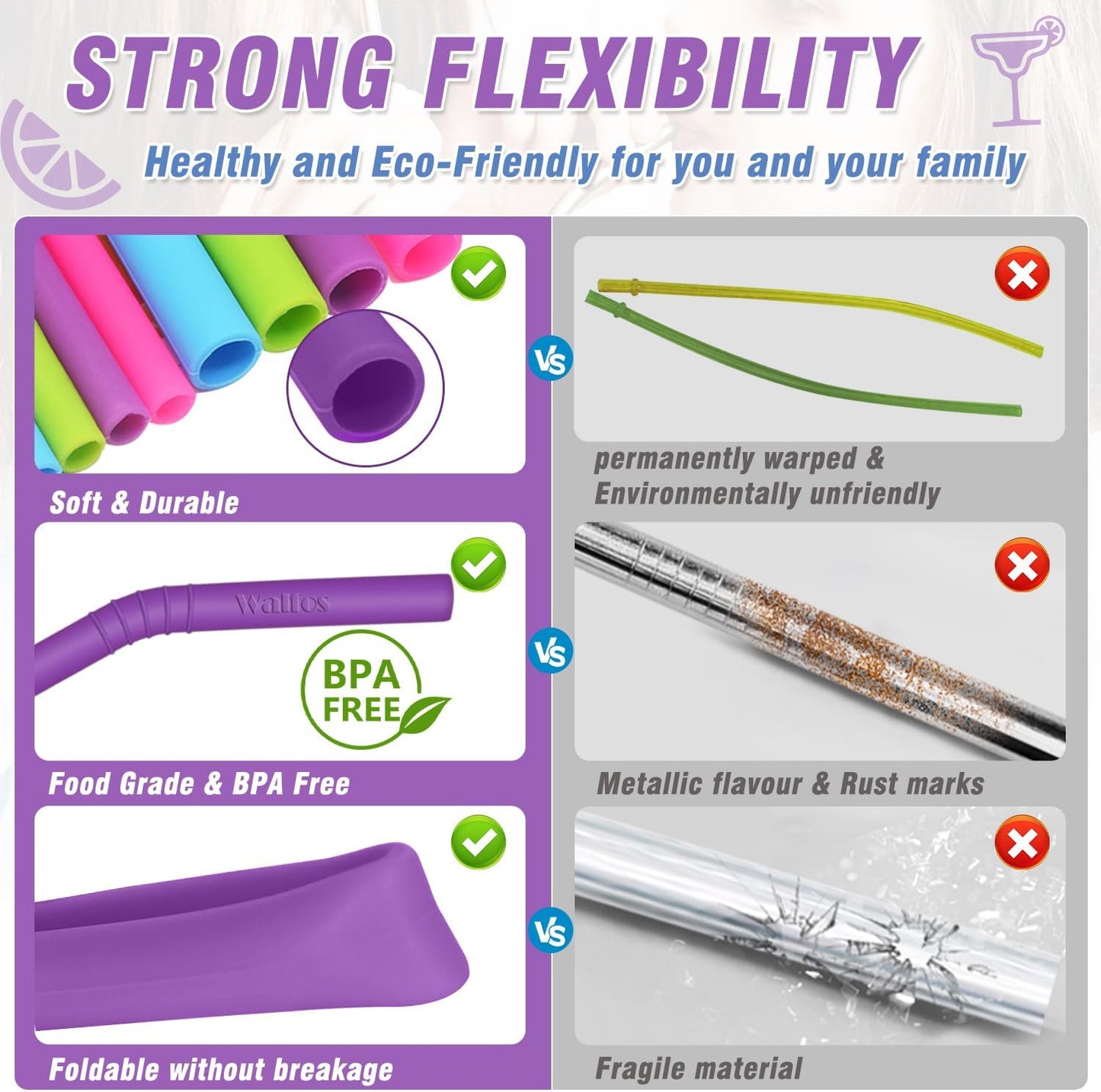 Walfos Reusable Silicone Straw - 2 Size Flexible Drinking Bendy Straws for Smoothies/20 & 30 oz Tumblers, BPA Free (4 Wide Straws + 4 Regular Straw + 2 Cleaning Brushes Excluding storage bag）