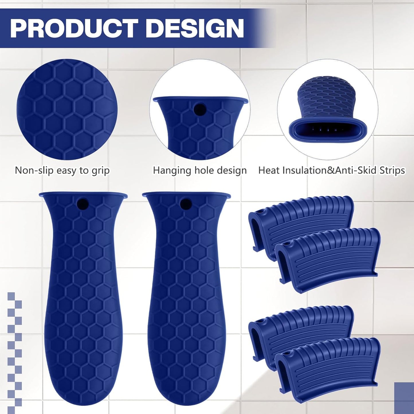 Patelai 8 Pcs Silicone Pot Holders Set Cast Iron Handle Cover Heat Resistant Pot Handle Covers Potholder Non Slip Reusable Pan Sleeve for Frying Pan Kitchen Supplies (Navy Blue)