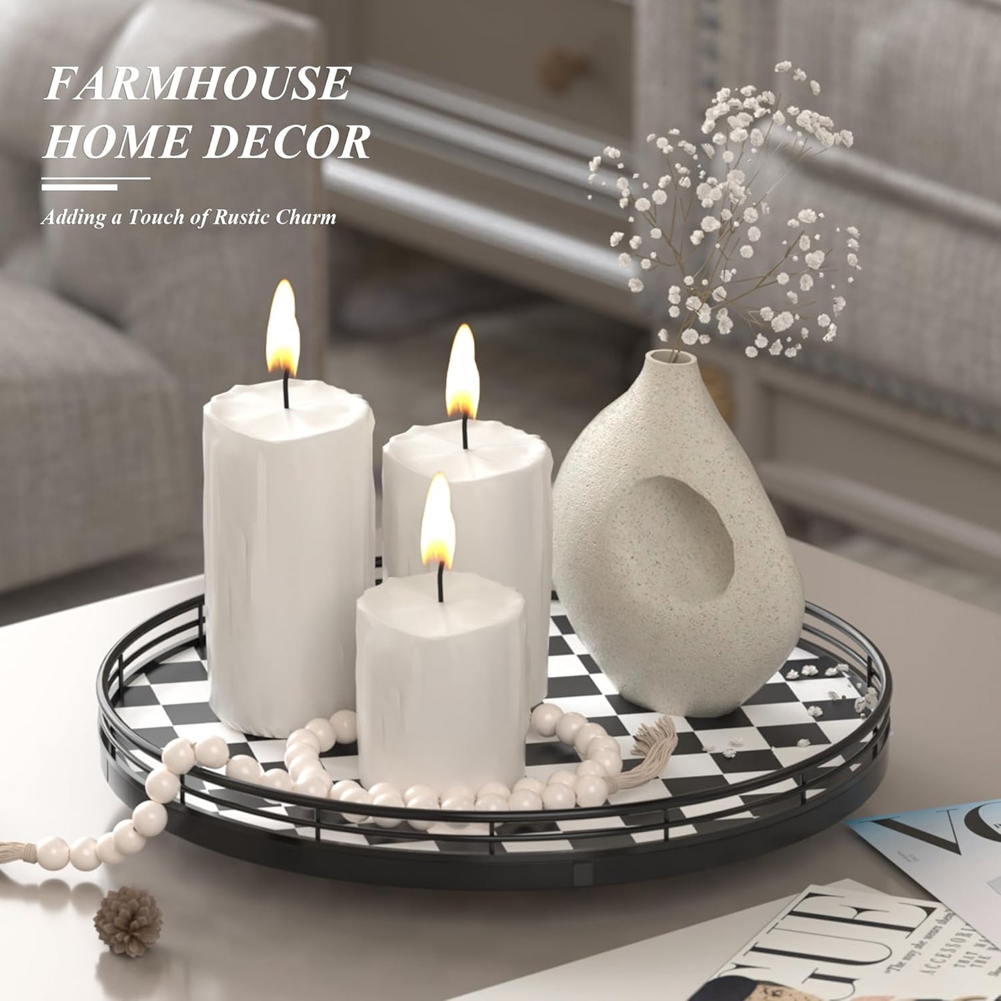 Black and White Kitchen Lazy Susan Turntable – Round Checkered Decorative Tray, 12” Table Top Oak Wood Lazy Susan for Cookies, Dining Table Organizer, Small Kitchen Table Centerpiece