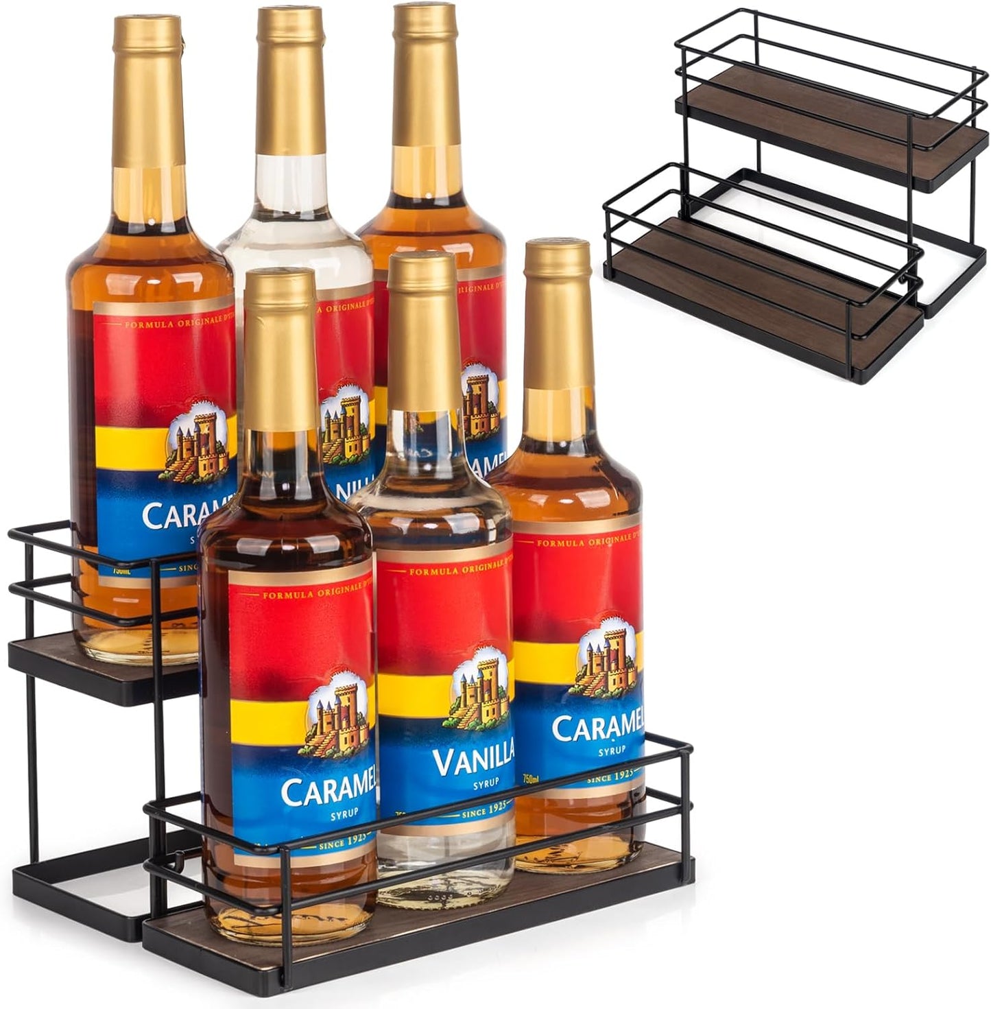 6 Bottle Capacity Coffee Syrup Organizer 2 Tier Coffee Syrup Stand Shelf for Coffee Bar Kitchen Small Wine Rack for Bar Family Storage for Syrup Wine Dressing