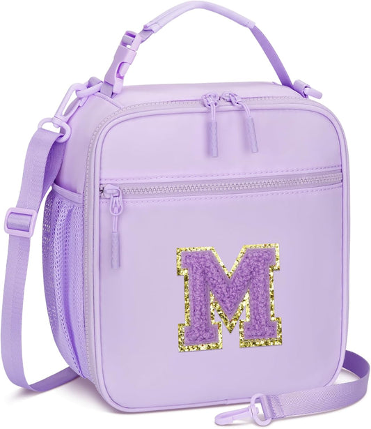 Initial Insulated Lunch Bag for Girls Kids, Back to School Gift, Reusable Leak-proof Lunch Box with Adjustable Strap for School Daycare Travel Picnic (Purple,M)