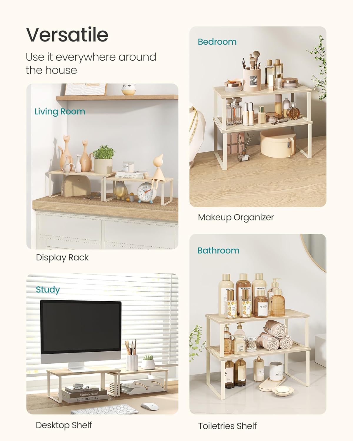 SONGMICS Cabinet Organizer Shelf, Set of 2 Kitchen Counter Shelves, Kitchen Storage, Spice Rack, Stackable, Expandable, Metal and Engineered Wood, Travertine Beige and Cream White UKCS025L01