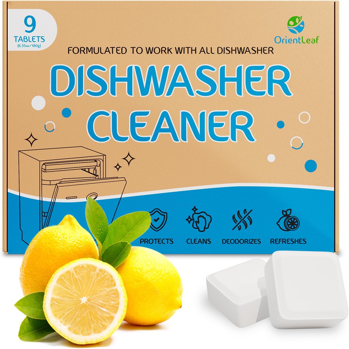 Dishwasher Cleaner Tablets, 9 Pack Lemon Scent Dishwasher Cleaner and Deodorizer, Descaler, Removes Limescale, Hard Water Marks, Grease and Odors, 9 Month Supply
