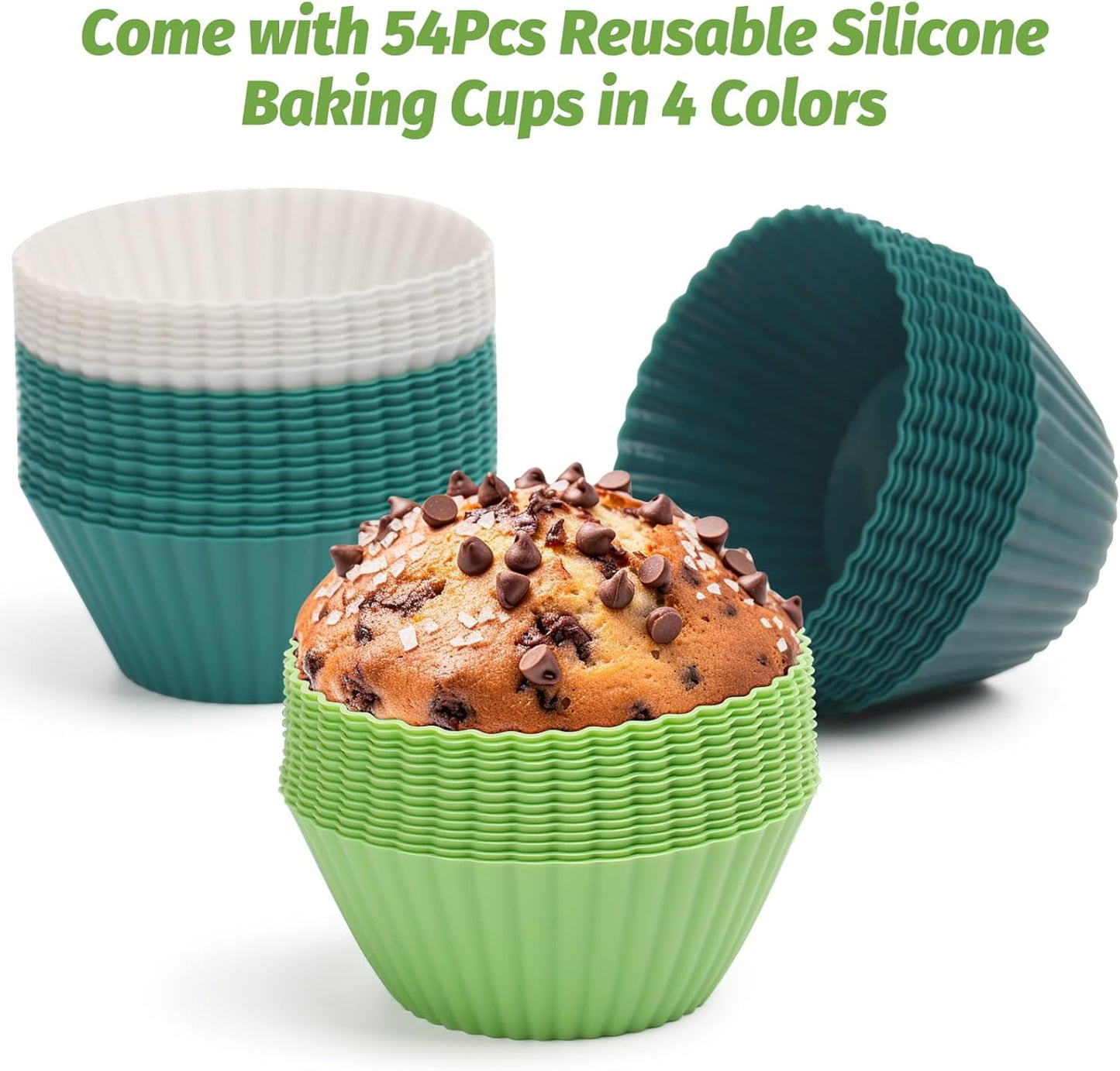 54 Pack Silicone Muffin Cups, Selizo Silicone Cupcake Baking Cups Reusable Muffin Liners Cupcake Wrapper Cups Holders for Muffins, Cupcakes, and Candies (Navy, Gray Blue, Green, White)