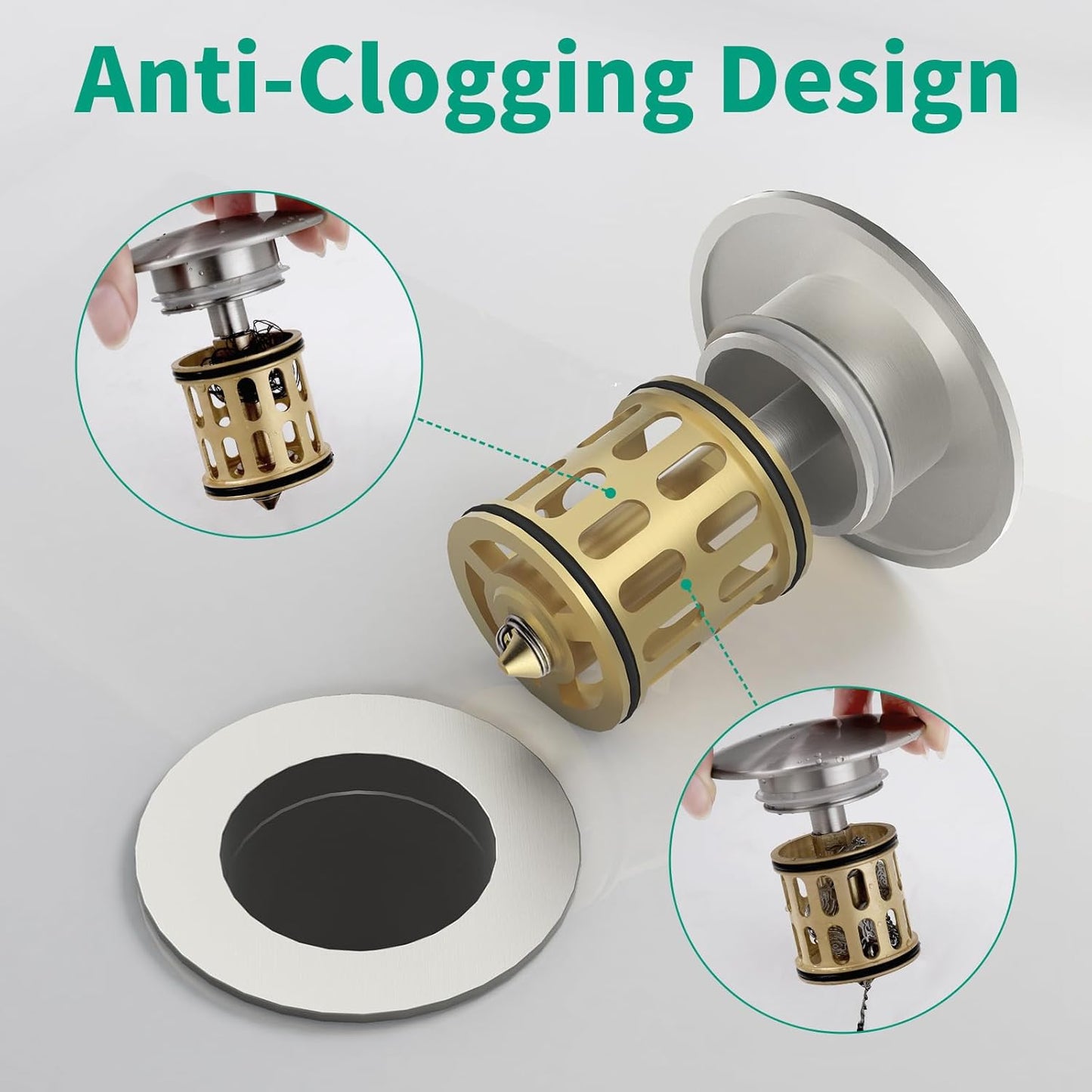 Bathroom Pop up Drain Without Overflow, Anti-Clogging Vessel Sink Drain Strainer, Pop Up Drain with Detachable Basket, Hair Catcher Bathroom Sink Drain Stopper(Brushed Nickel, No Overflow)