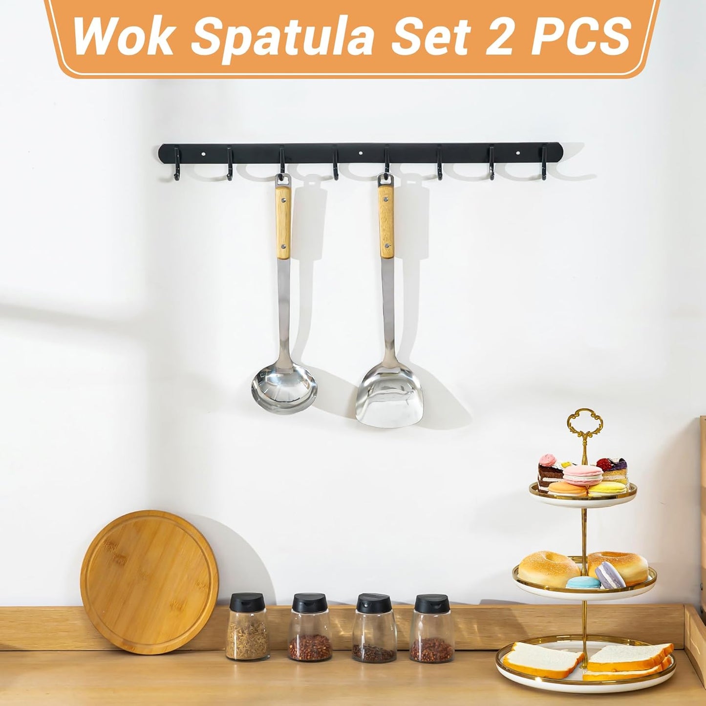 FJNATINH Spatula and Ladle - Set of 2 Wok Tools - Universal Wok Ladle and Spatula - Stainless Steel Cooking Utensils and Wok Accessories,14"-15"