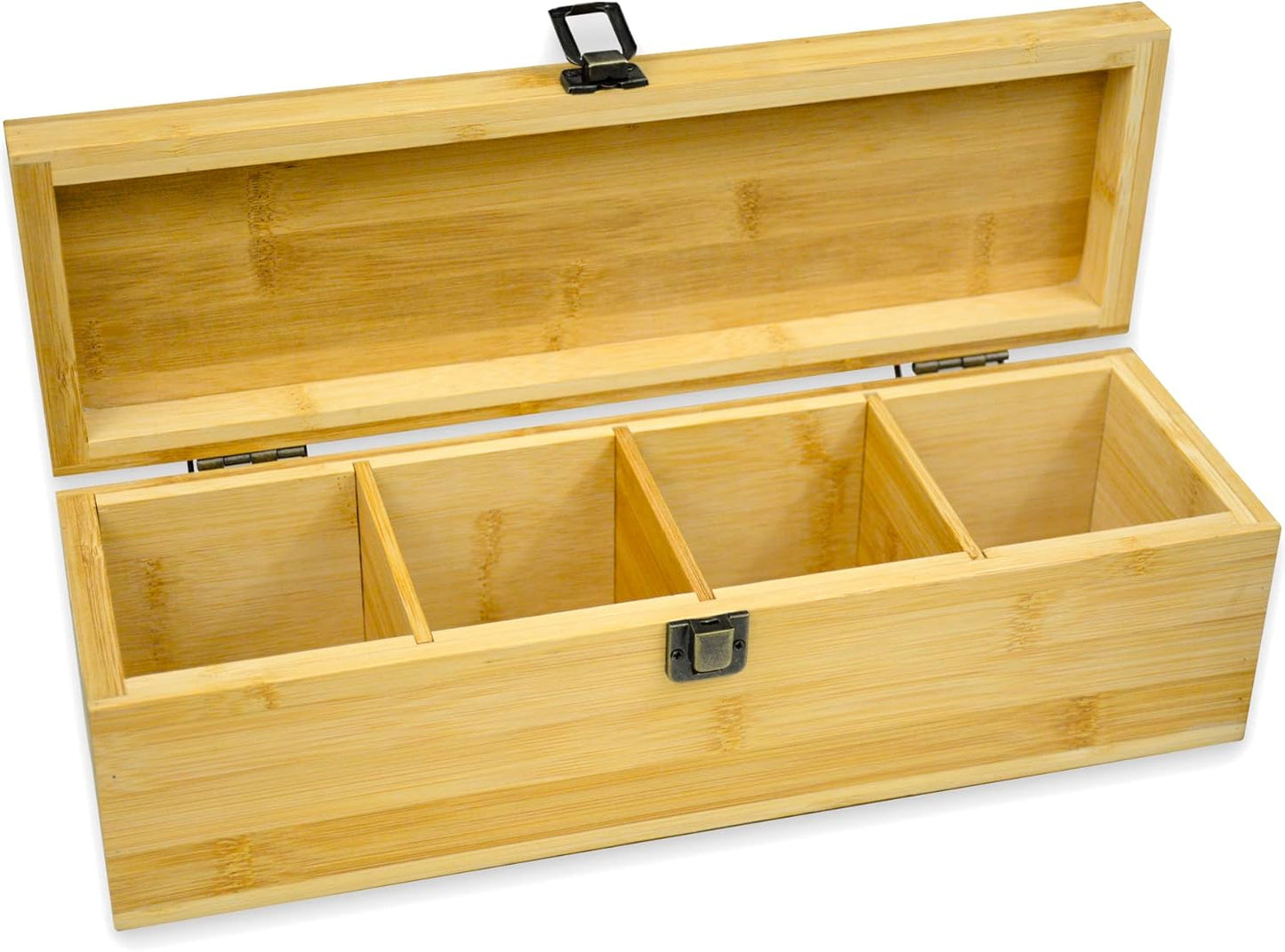 Bamboo Tea Organizer Box Chemical Free Eco-Friendly Big, Tall, Adjustable Cubbies Natural Wooden Storage Chest (4-Slot Rectangle 14.3"x 4.4" x 4.2" with TEA print design)