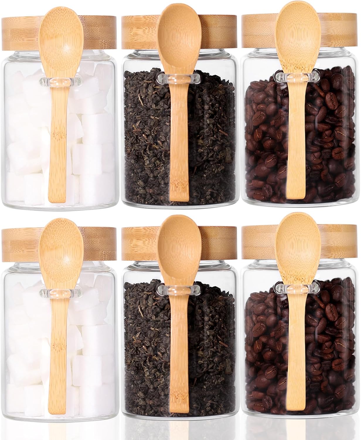 Glass Jar with Screw Lid and Spoon, 6 Pack16 OZ Tea Containers for Loose Leaf Tea, Salt and Sugar Containers for Countertop, Yogurt Jars for Overnight Oatmeal