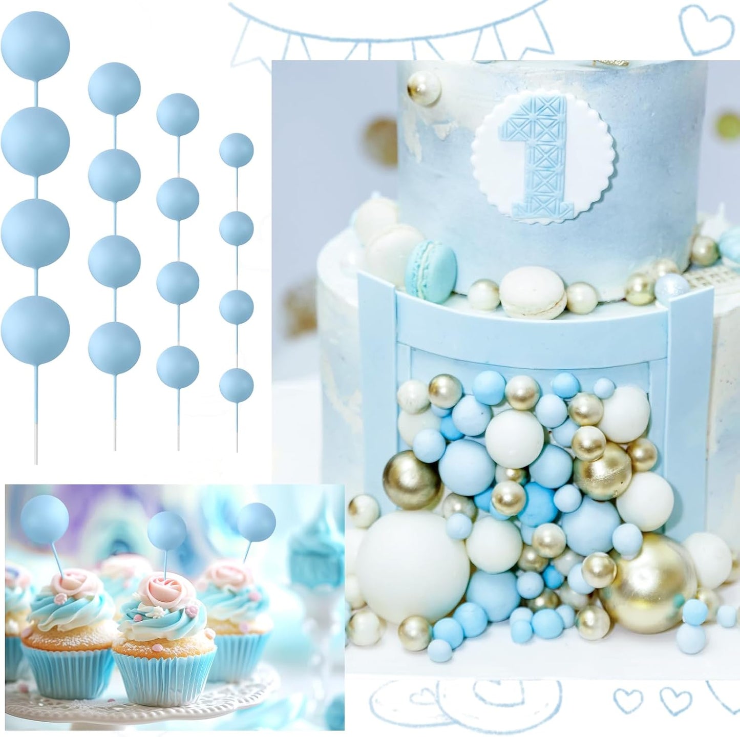 48 Pcs Balls Cake Topper Decorations Balloon Cupcake Toppers Foam Cake Topper Balls Cake Balls Decorations for Birthday Party Wedding Anniversary Cake Decorating (Light Blue)