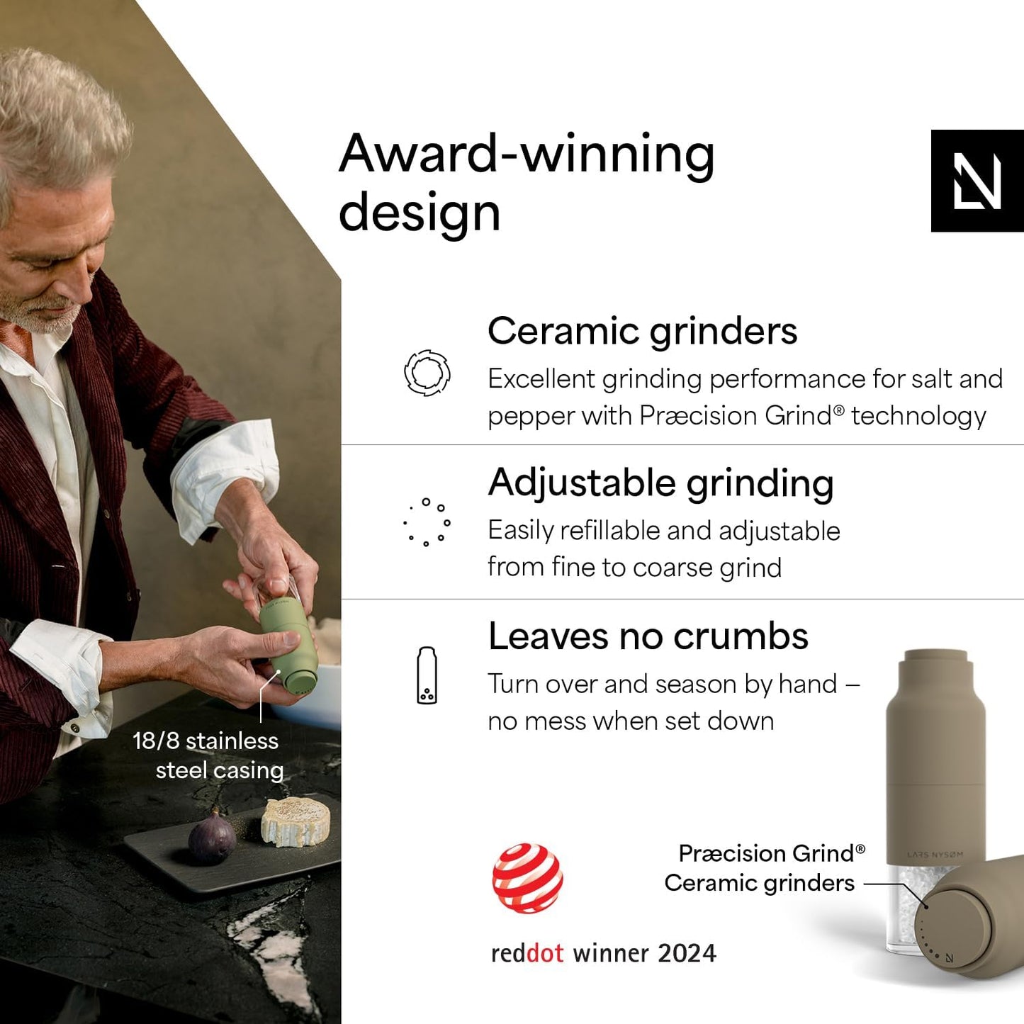 LARS NYSØM Salt and Pepper Grinder Set, Stainless Steel Manual Salt and Pepper Mills, Adjustable Ceramic Grinder, Design Spice Shakers (Taupe Brown)