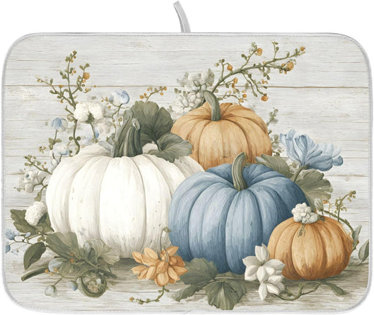Fall Blue Orange Grey Pumpkin Thanksgiving Dish Drying Mat for Kitchen Counter Absorbent Microfiber Large Drying Pad Dish mats for Kitchen Countertops 18 x 24 Inch