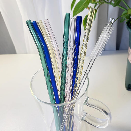 Reusable Glass Straws Clear Twist Shape Sets of 8 with 4 Bent and 4 Straight Straws & 2 Cleaning Brushes, 8 Inch x 0.3" Thick Glass Drinking Straw for Tumblers Gift Wrap Dishwasher Safe