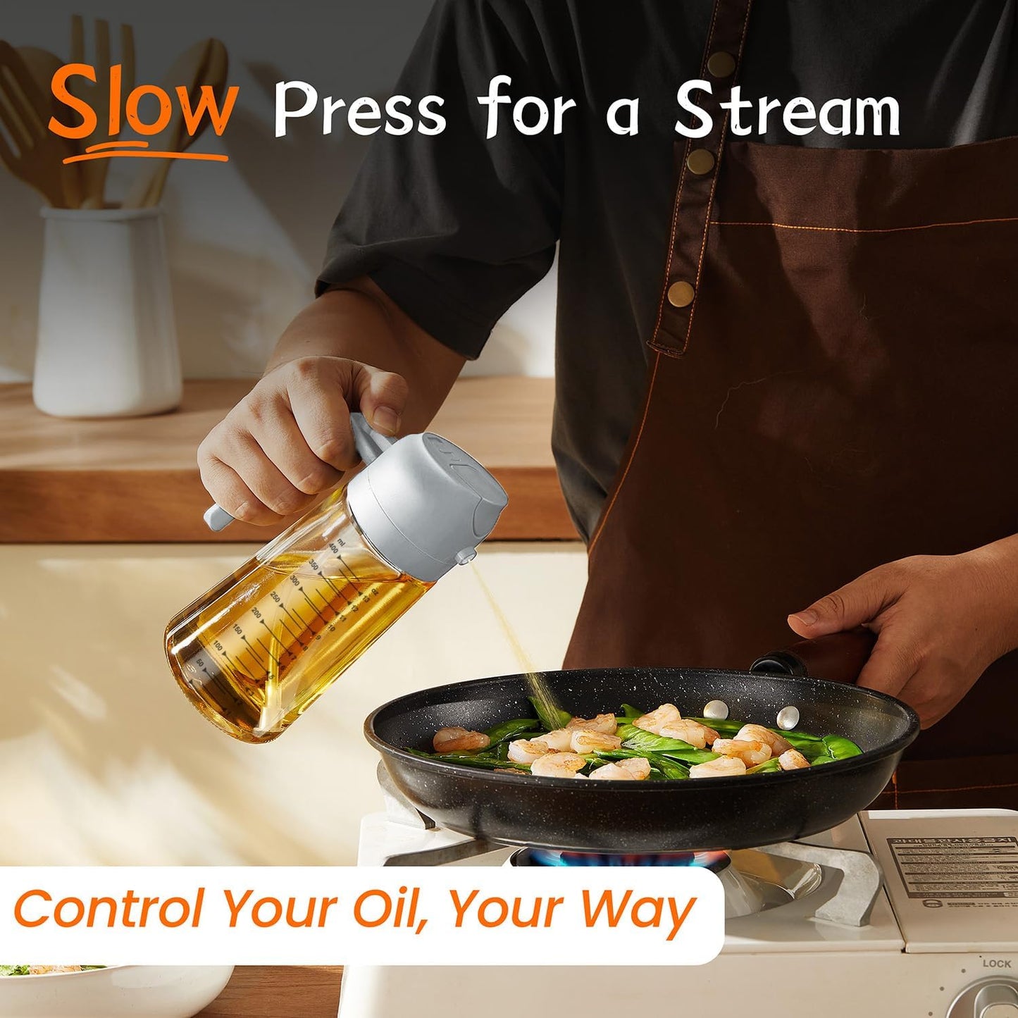 TrendPlain 16oz/470ml Glass Olive Oil Sprayer for Cooking – 2 in 1 Olive Oil Dispenser Bottle for Kitchen Gadgets and Air Fryer Accessories, Salad, BBQ - Black & Ash