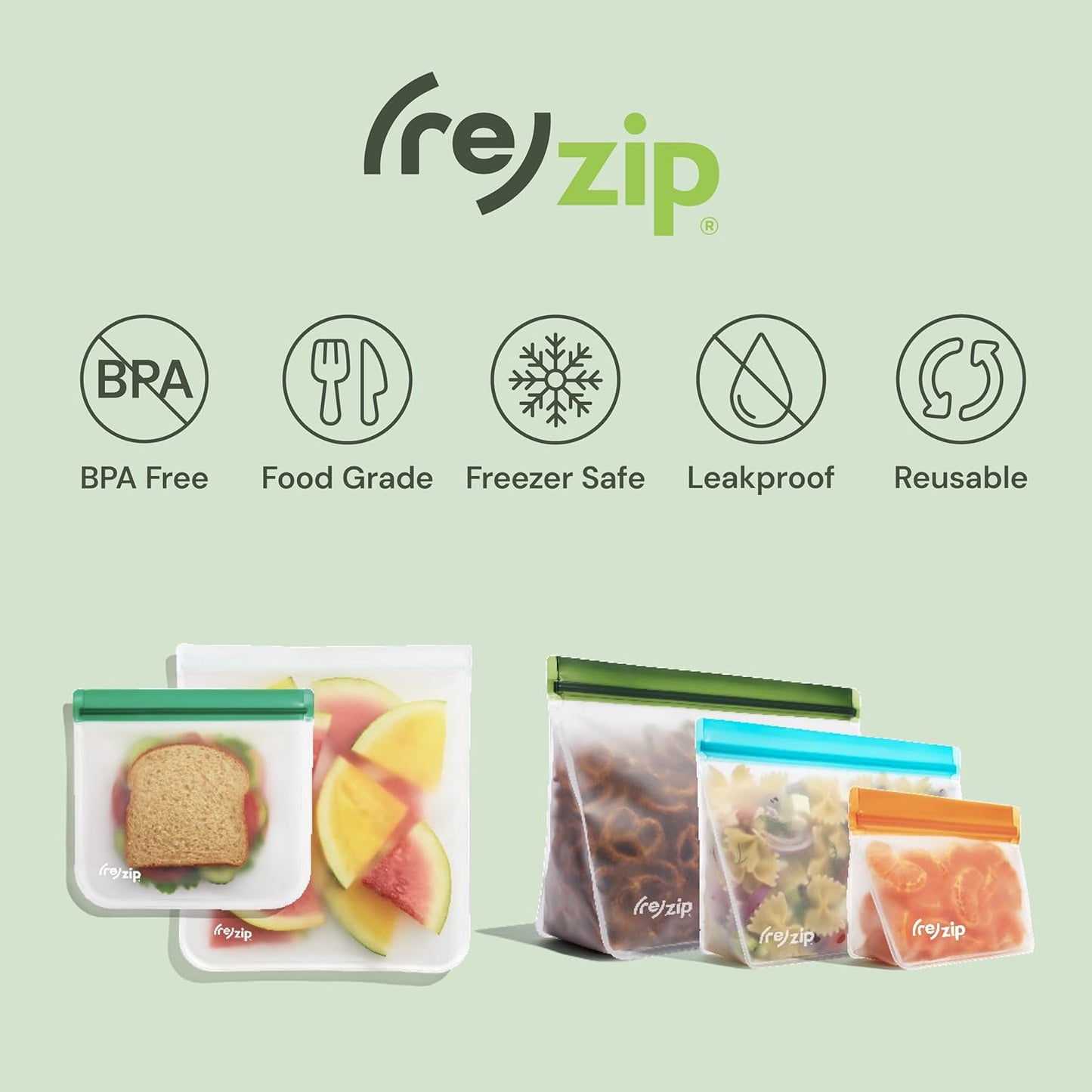 (re) zip Half Gallon Reusable Storage Bags | BPA-Free, Leak proof, Airtight, 100% Food-Grade for Lunch Meat, Food Storage and Freezer Use, 64 Ounces | 4-Pack