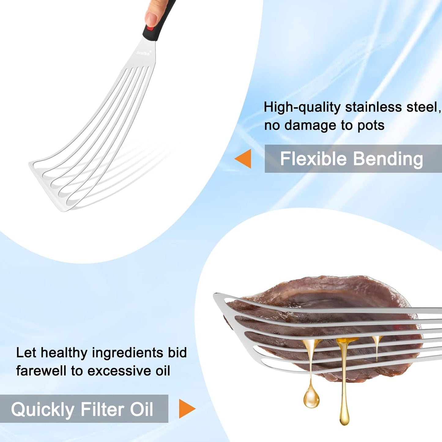 Fish Spatula Stainless Steel, Flexible Metal Spatulas with Silicone Handle, Slotted Turner for Kitchen, Cooking, Grilling, Flipping, Turning, Egg, Pancake and Burger (Small, 10.3 Inch)