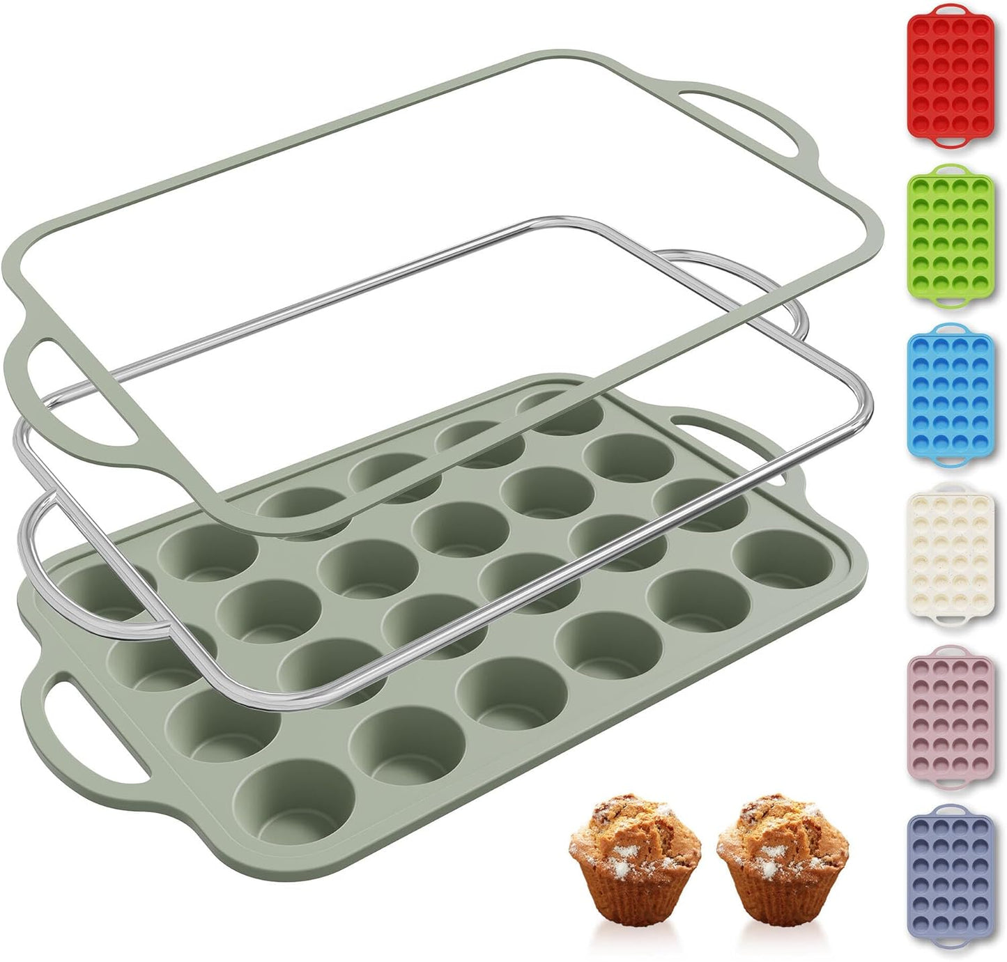 24 Cups Silicone Muffin Pan with Metal Reinforced Frame Mini Size Cupcake Pan Tray Egg Bites Silicone Circle Cookie Molds Little Small Muffin Tin Tart Pans Baking Sheet Set for Sandwiches