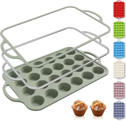 24 Cups Silicone Muffin Pan with Metal Reinforced Frame Mini Size Cupcake Pan Tray Egg Bites Silicone Circle Cookie Molds Little Small Muffin Tin Tart Pans Baking Sheet Set for Sandwiches