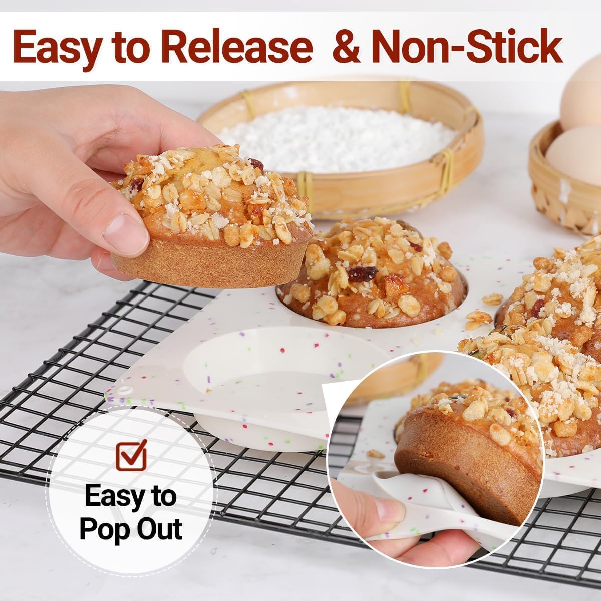 CAKETIME Muffin Top Pan, Silicone Egg Molds for Breakfast Sandwiches 3 Inch Round Baking Pan for Oven English Muffins, Whoopie Pies, Corn Bread, Egg bites, Tarts 3 Pack Confetti