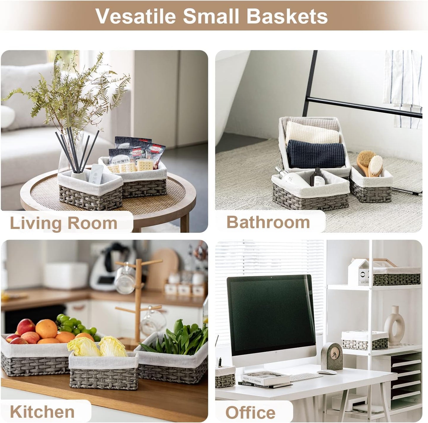 FairyHaus Wicker Baskets for Organizing 3 Pack, Waterproof Small Wicker Storage Basket for Shelves Rectangle, Nesting Lined Grey Plastic Woven Basket