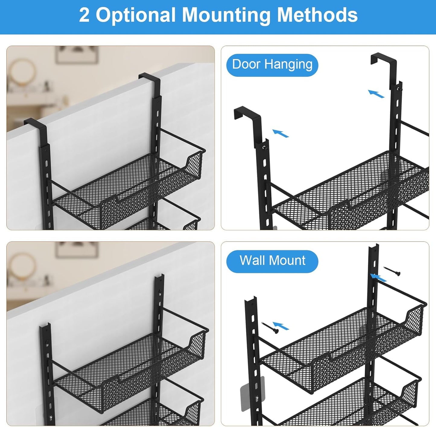 12.3" W Narrow Over the Door Pantry Organizer, 6-Tier Over the Door Organizer with Adjustable Basket, Pantry Door Organization for Pantry Kitchen Storage Room Spice Rack, Black