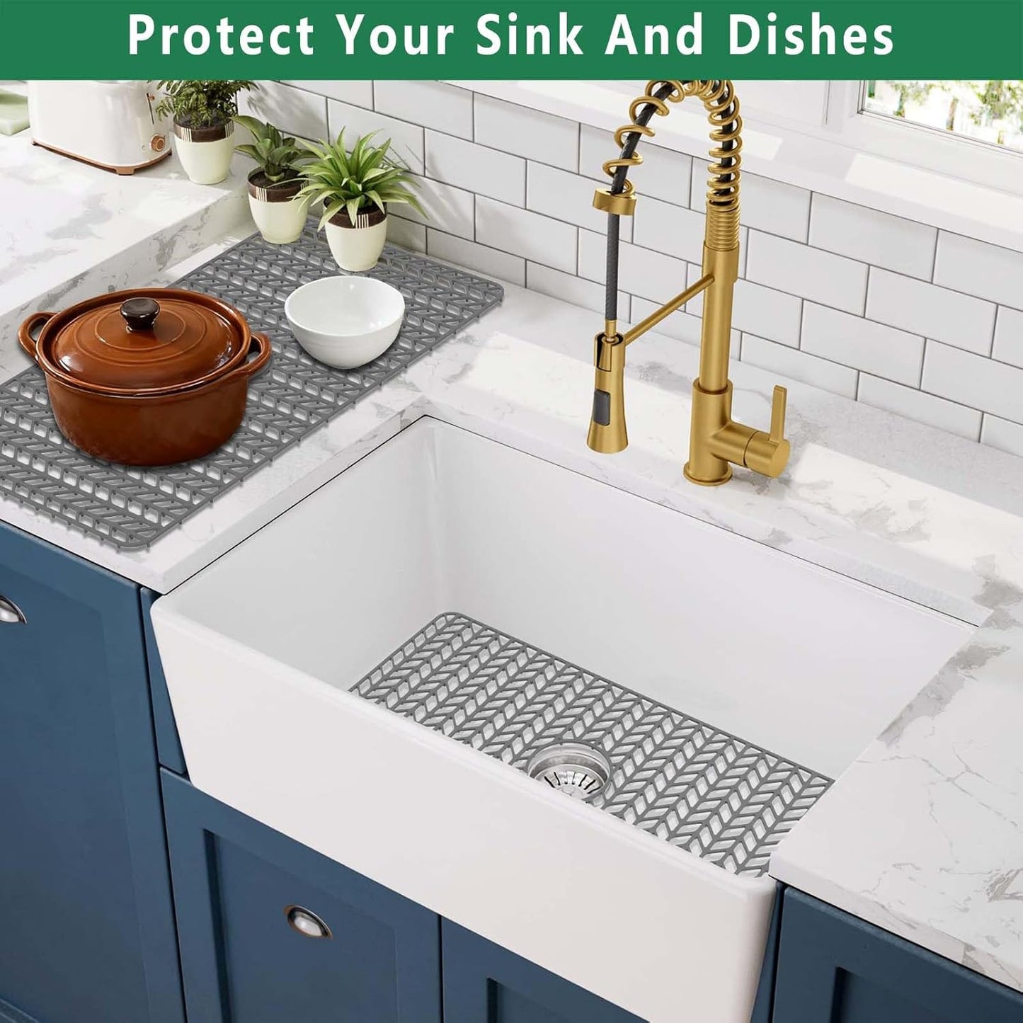 GUUKIN Sink Protectors for Kitchen Mat - 30"x 16" Silicone Kitchen Sink Mat Grid for Bottom of Farmhouse Stainless Steel Porcelain with Center Drain（Grey）