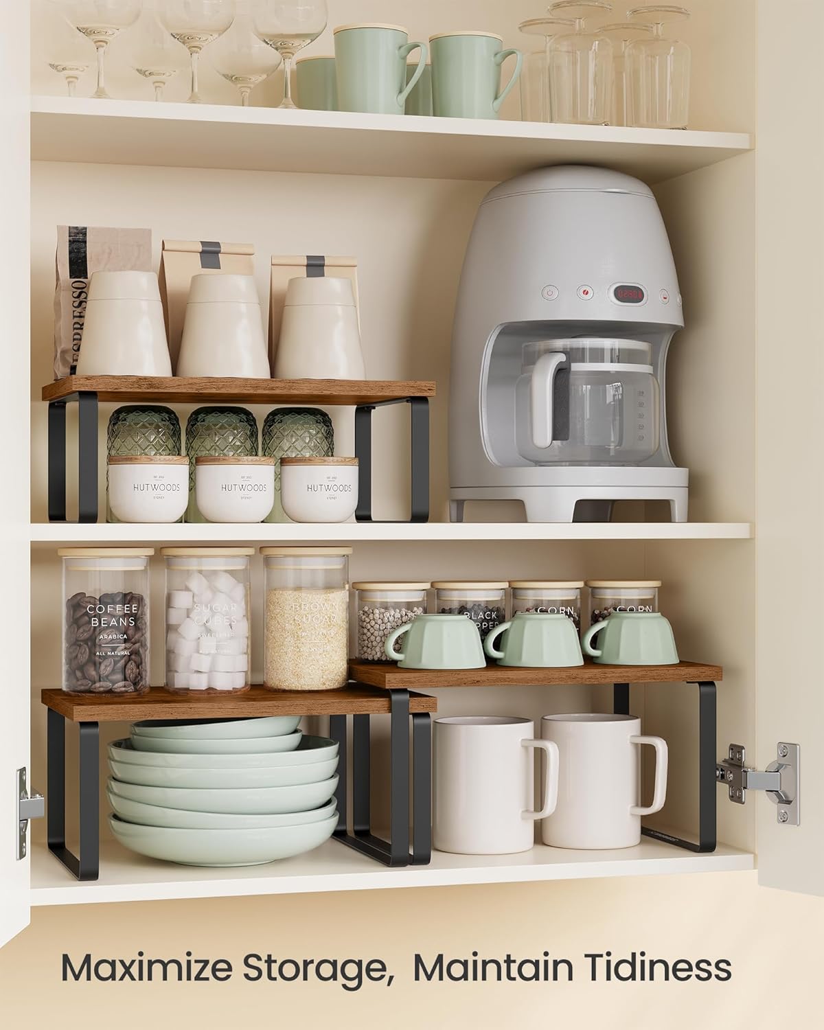 SONGMICS Cabinet Organizer Shelf, Set of 3 Kitchen Counter Shelves, Kitchen Storage, Spice Rack, Stackable, Expandable, Rustic Brown and Matte Black UKCS220K02