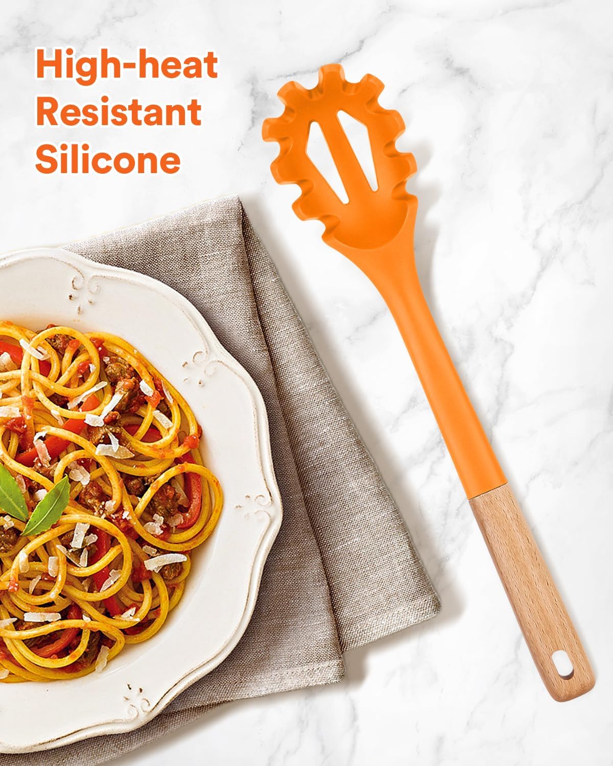 Silicone Pasta Fork, Kitchen Heat Resistant Noodle Spoon Server, BPA Free Spaghetti Strainer,12.8 inch (ORANGE)