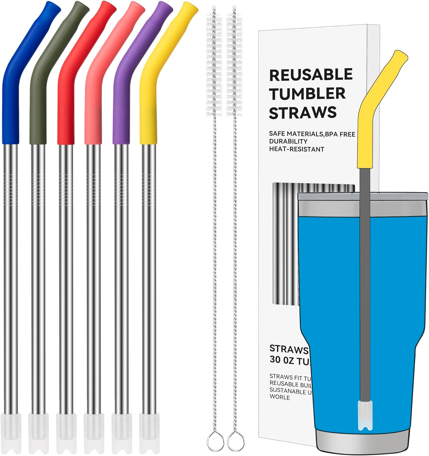 30 oz Straight Metal Straws with Silicone Tip for 30 oz Tumbler, 6 Pcs Stainless Steel Reusable Drinking Metal Straw for YETI, STANLEY, US Acrylio, BJPKPK, Simple Modern and so on