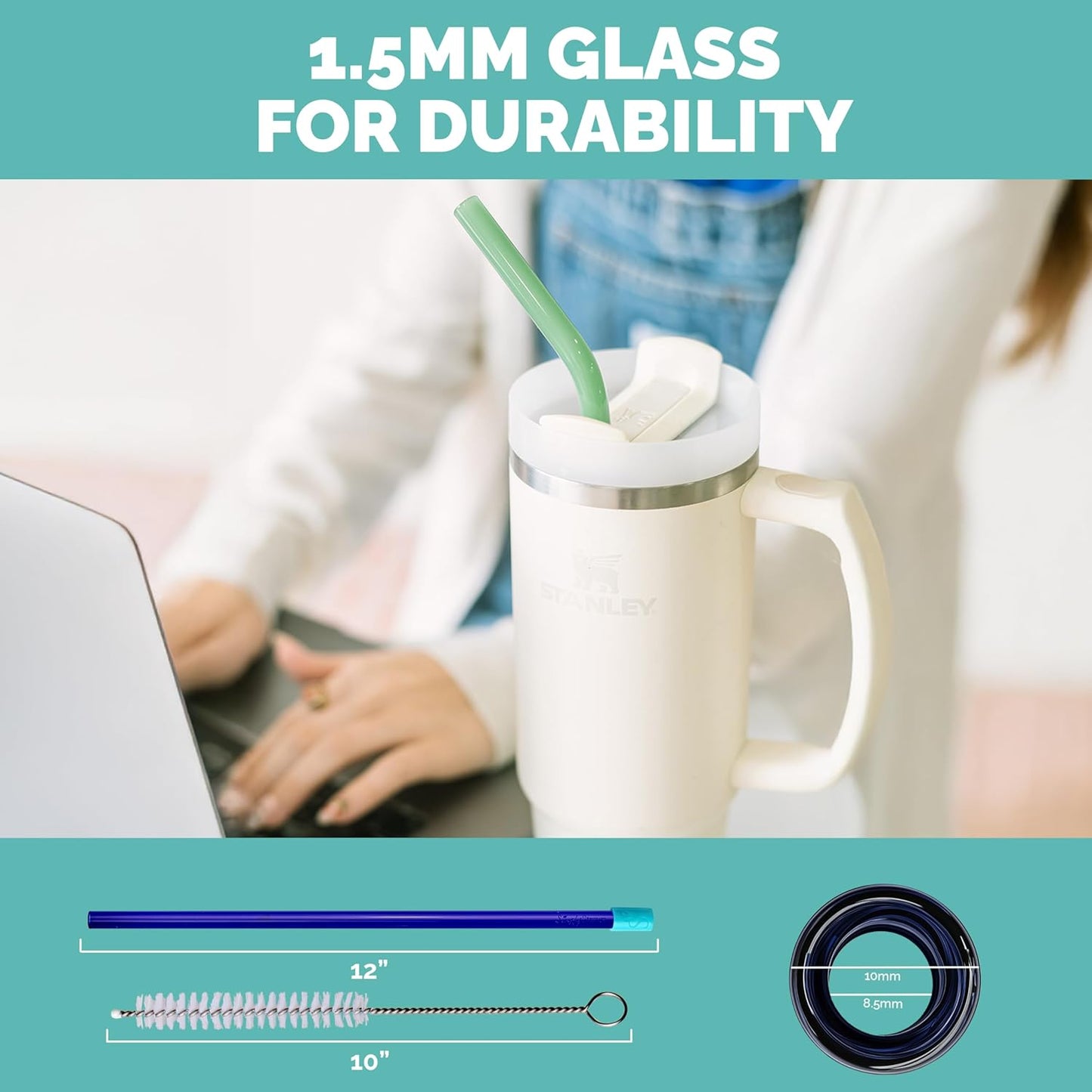 Simply Straws 12 Inch Glass Straws Straight (6-Pack) – Reusable Glass Straws for Stanley 40 Oz Tumbler, with Cleaning Brush – Durable, Dishwasher Safe, Hot & Cold Use, BPA-Free (Air)