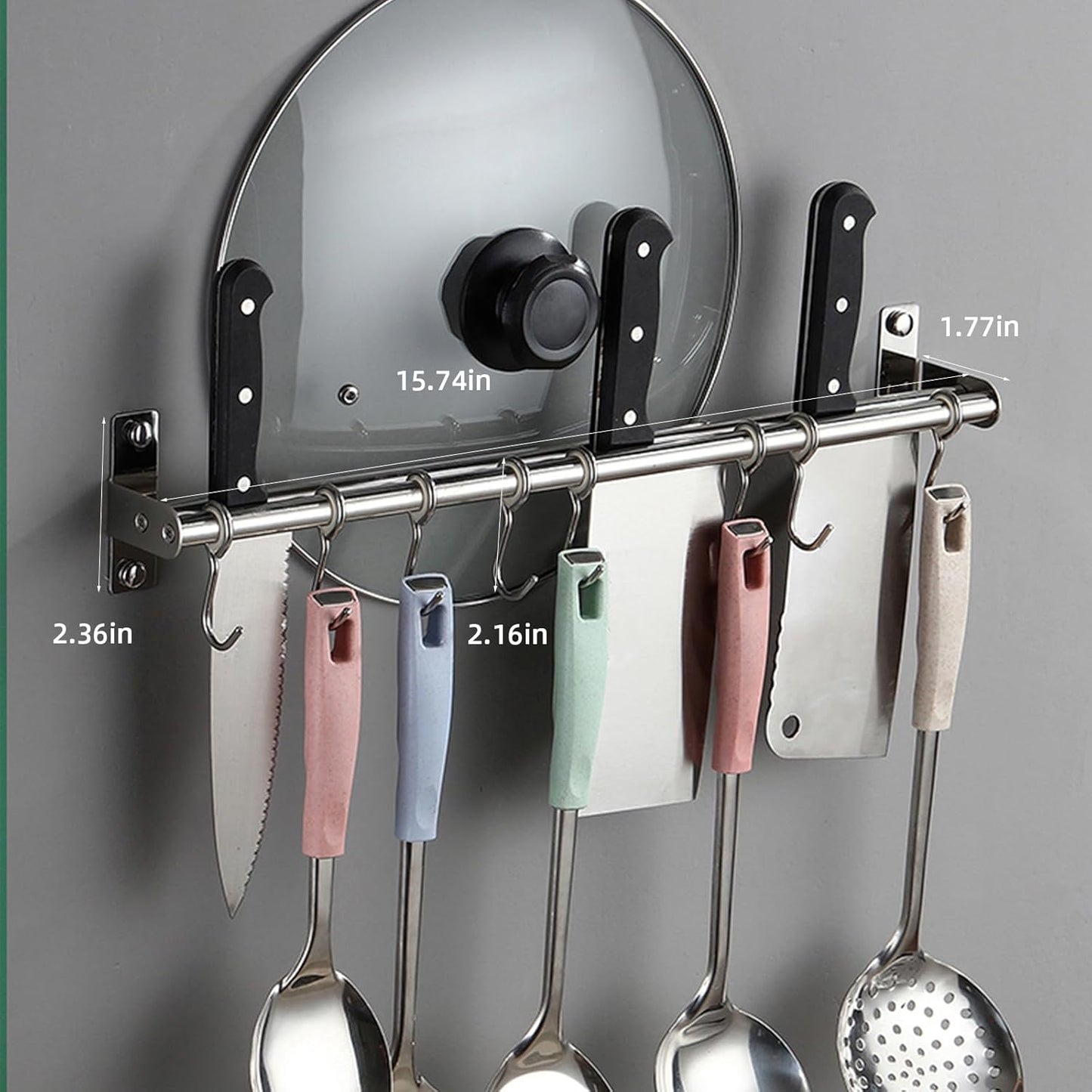 ASkinds Utensil Hanging Rack Stainless Steel Rail Hanger Rod Wall Mounted Pot Pan Lid Holder Cookware Storage Organizer with Sliding Hooks for Kitchen Bathroom