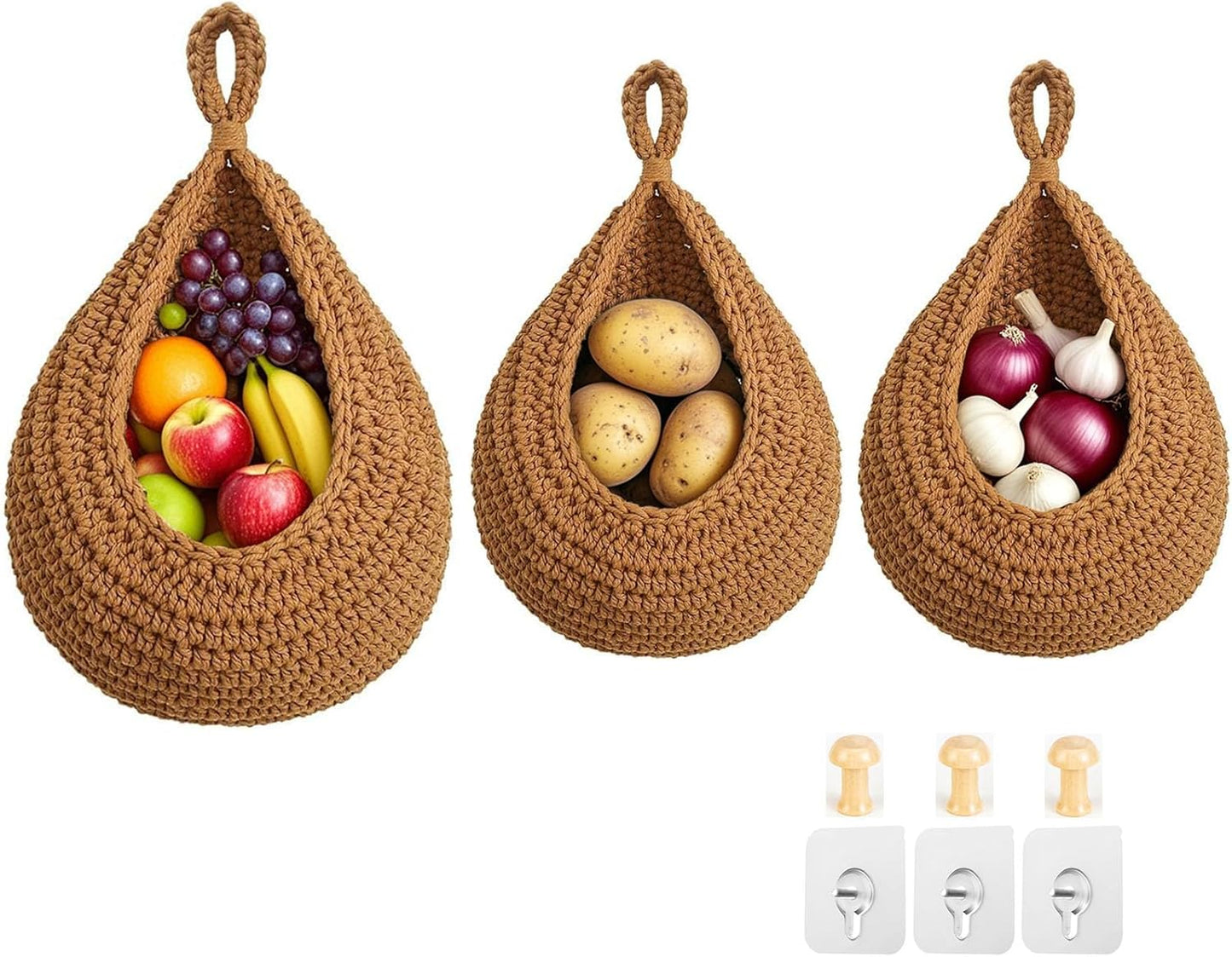 Hanging Fruit Baskets for Kitchen, 3 Pack Boho Cotton Rope Handwoven Vegetable Storage Wall Mounted Large Organizing Basket for Farmhouse Decor, Onion, Potato, Garlic and Plants (Caramel)