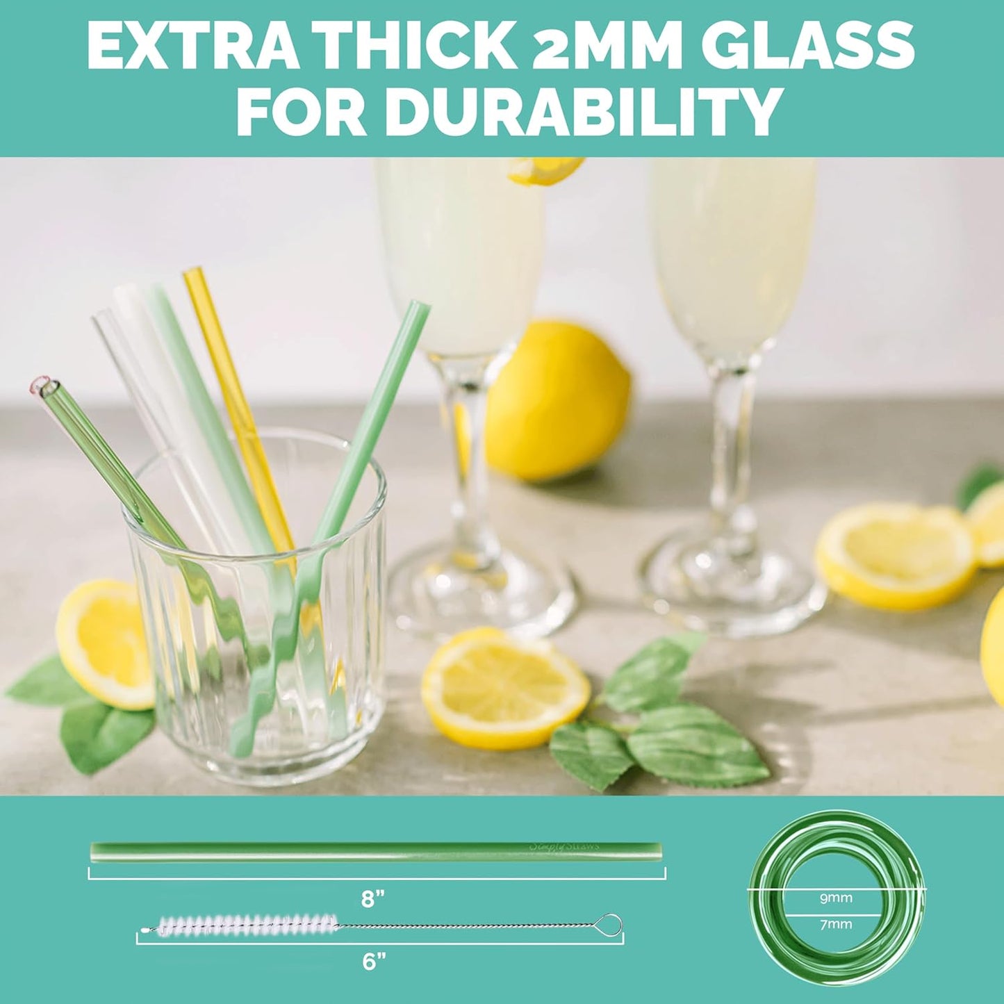 Simply Straws 8 Inch Glass Straws Straight (6-Pack) – Reusable Glass Straws for Pints & Juice Drinkware, with Cleaning Brush – Dishwasher Safe, Hot & Cold Use, BPA-Free (Cote d'Azur)