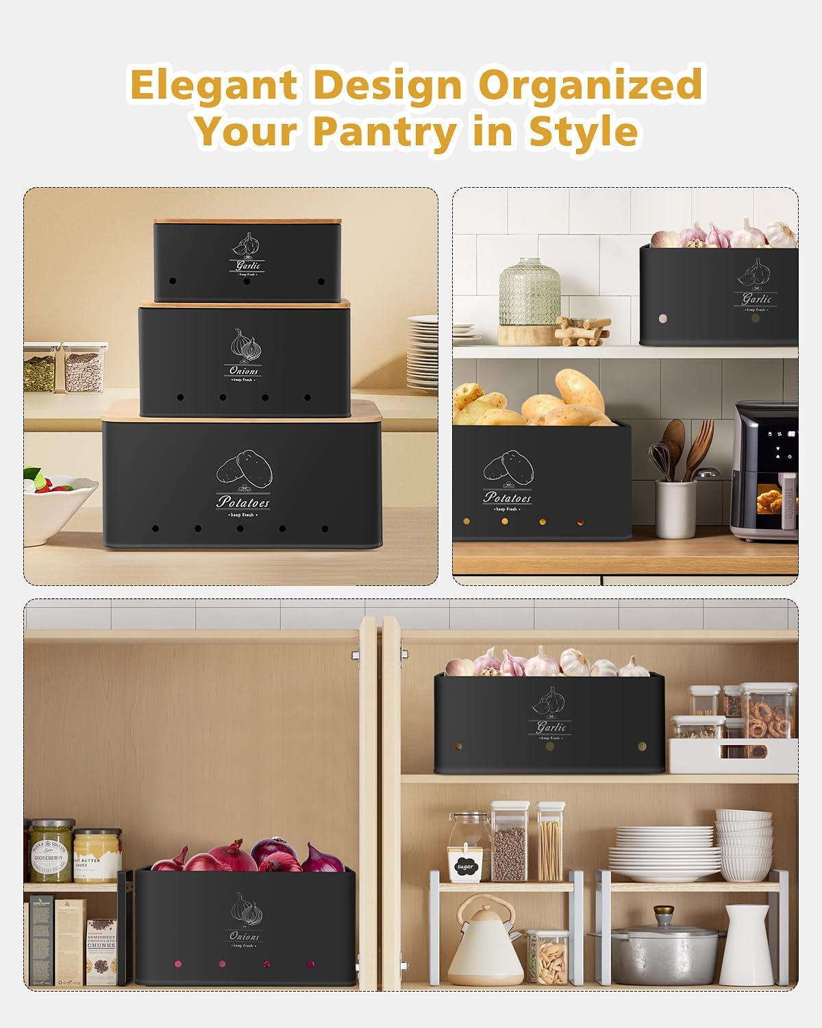 Kitchen Vegetable Storage Set of 3, Sturdy and Durable Storage Basket for Potato, Onion, Garlic, Fruit,Aerating Holes and Wooden Lid (black)