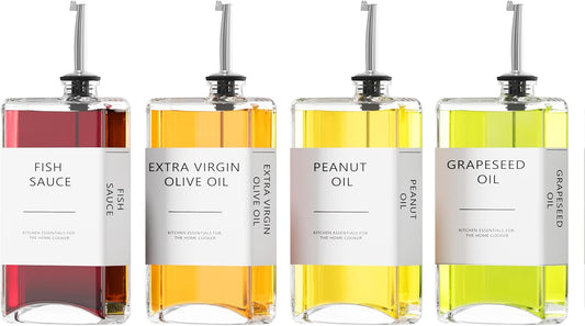 New England Stories Kitchen Cooking Oil Dispenser Set, Olive Oil and Vinegar Bottles, Soy Sauce Dispenser - 4 Pieces, Silver, Durable & Stylish Design