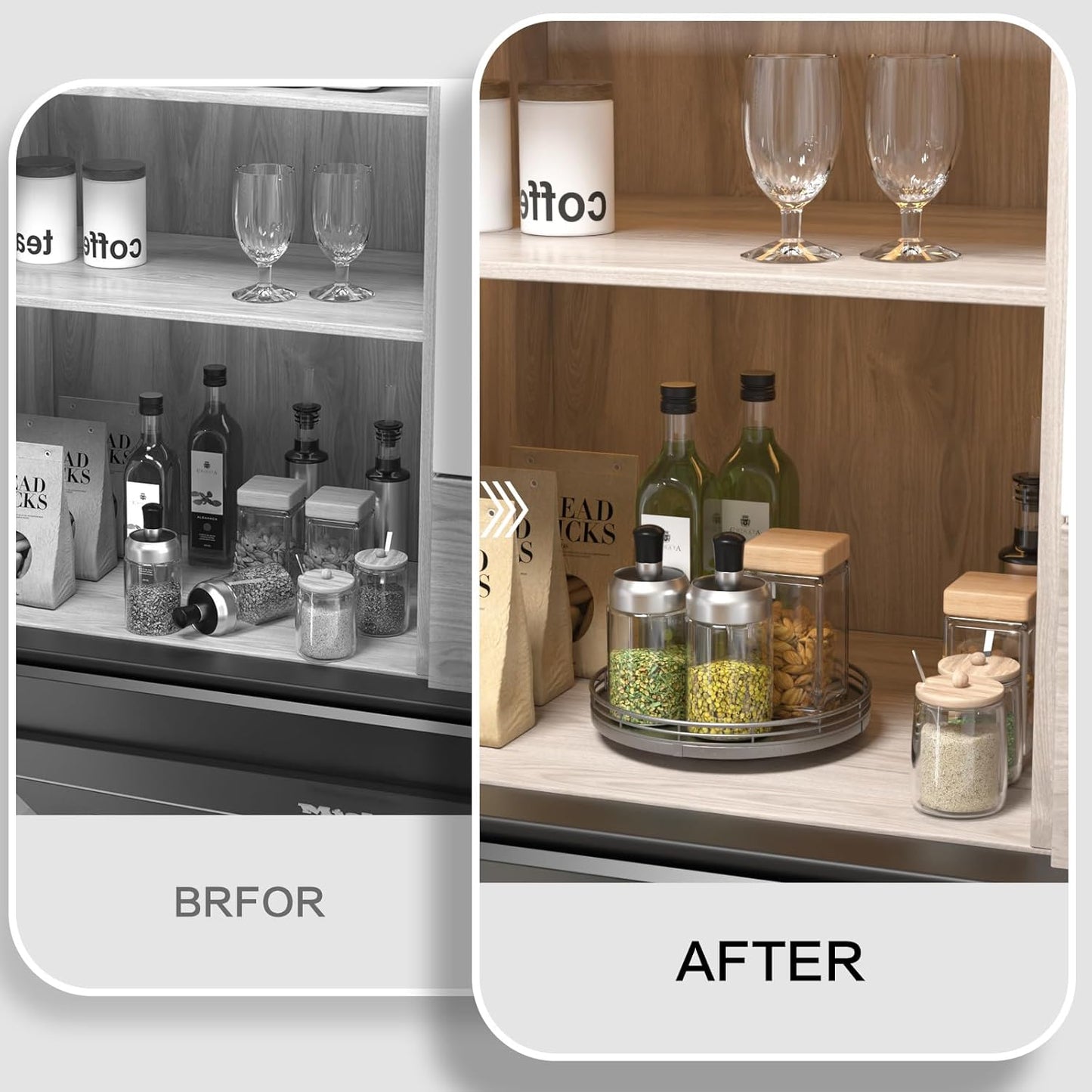 9" Silver Lazy Susan for Table Top, Oak Wood Lazy Susan Turntable Organizer for Dining Coffee Table Centerpiece Bar Decor Kitchen Countertop Bathroom Vanity Decorative Tray for Perfume Jewelry Round