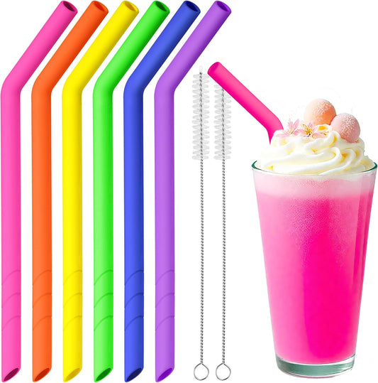 NiHome 6-Pack Extra Wide Bent Reusable Silicone Drinking Straws for Boba, Smoothies, Milkshakes, Dishwasher Safe with Cleaning Brush, BPA-Free and Soft for Kids, Trim-to-Fit Design (Neon Colors)