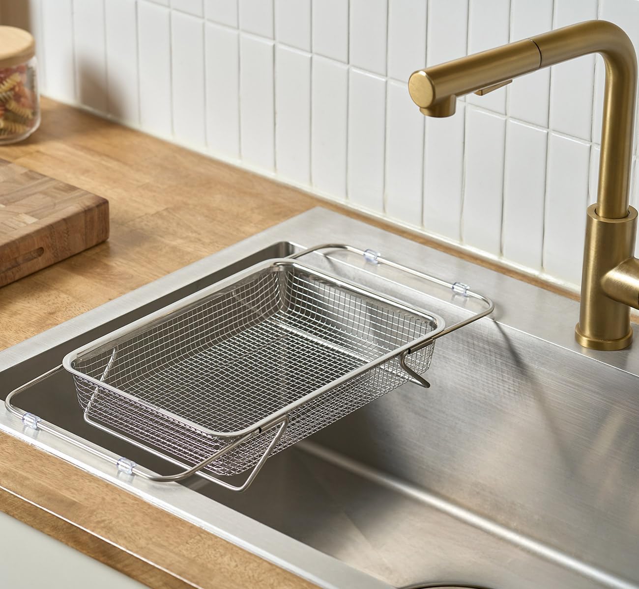 Extendable Dish Rack with Feet, Vegetable Colander Basket, Stainless Steel Dish or Silverware Drying Rack, Ultimate Kitchen Organizer Over The Sink (11.81 x 8.27 x 2.76 Inches)