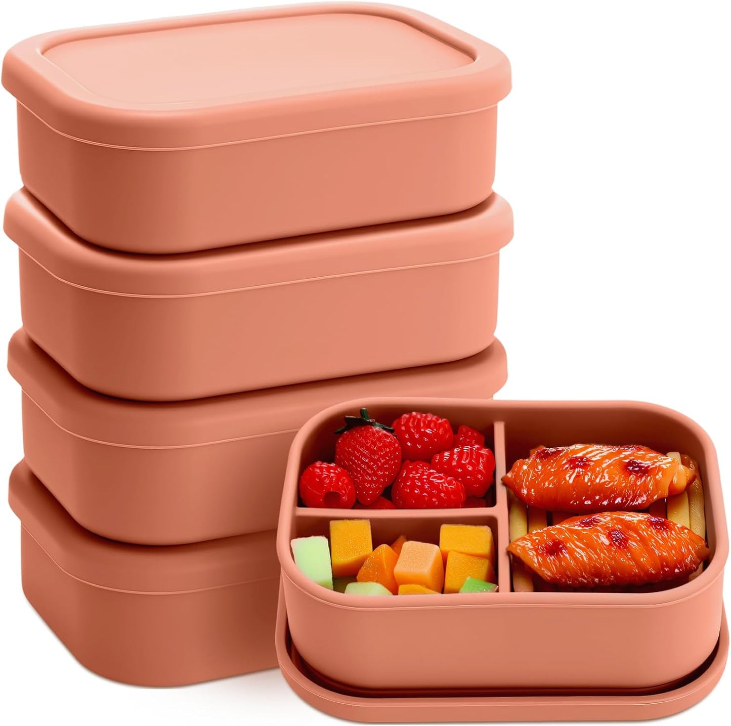 Honeydak 4 Pcs Silicone Bento Lunch Box 3 Compartment Reusable Leakproof Silicone Bento Lunch Container for Adults Microwave Dishwasher Freezer Safe(Orange)