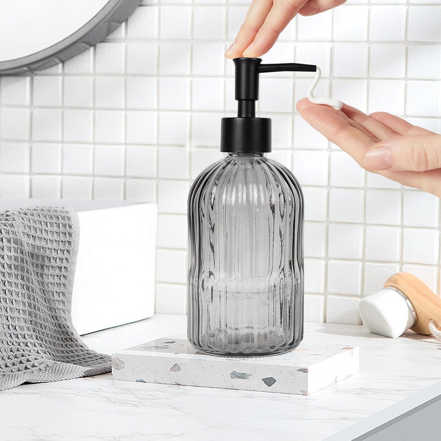 14Oz Black Pump Glass Soap Dispenser, Gray Stripe Countertop Refillable Liquid Bottle Hand Dish Lotion Dispenser with Plastic Pump, for Kitchen, Bathroom