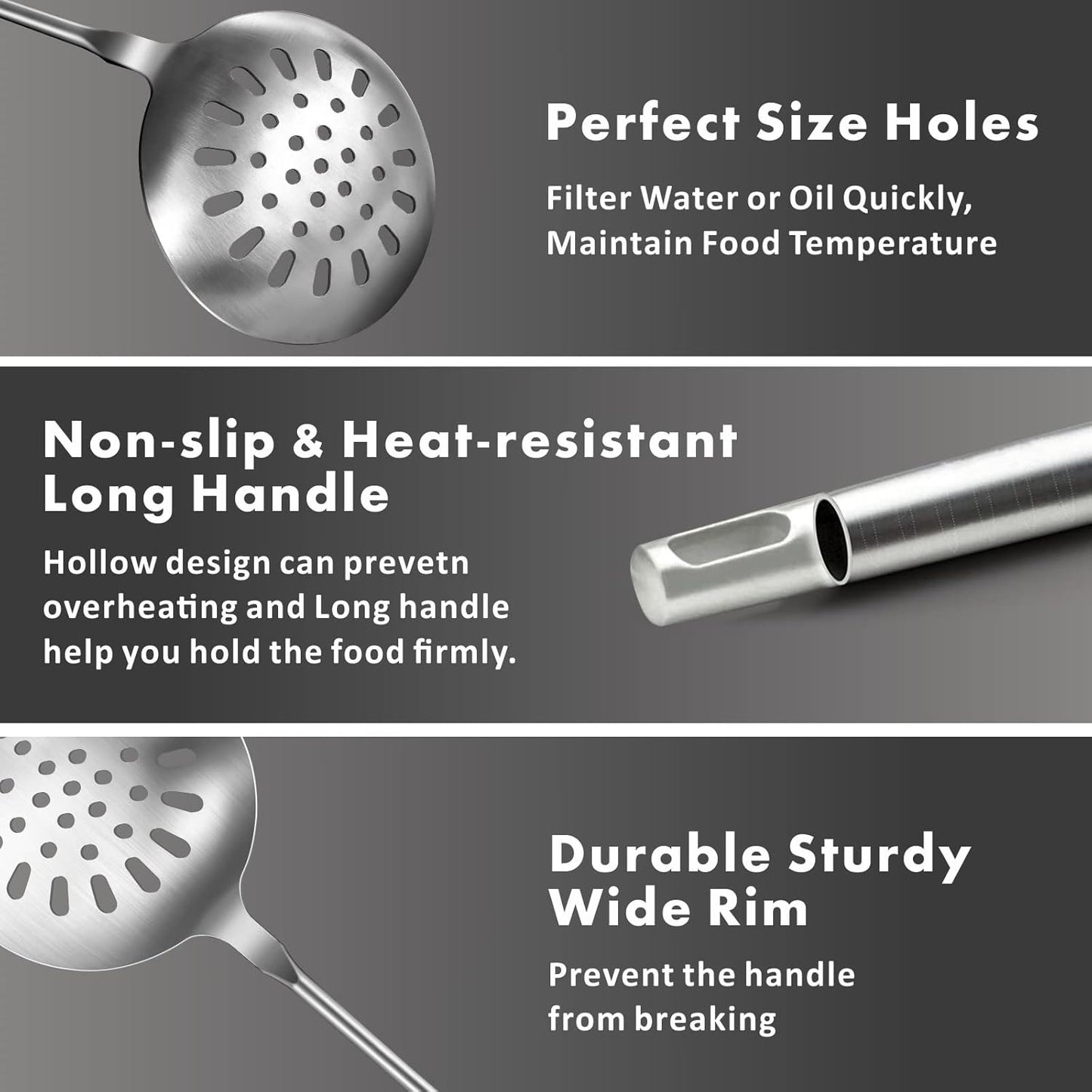 Yimi Cooking Skimmer Slotted Spoon, Durable 304 Stainless Steel Frying Strainer Ladle with Vacuum Ergonomic Handle, Heat Resistance Fryer Scoop Kitchen Utensil, Ideal for Gift, 14.8 Inches