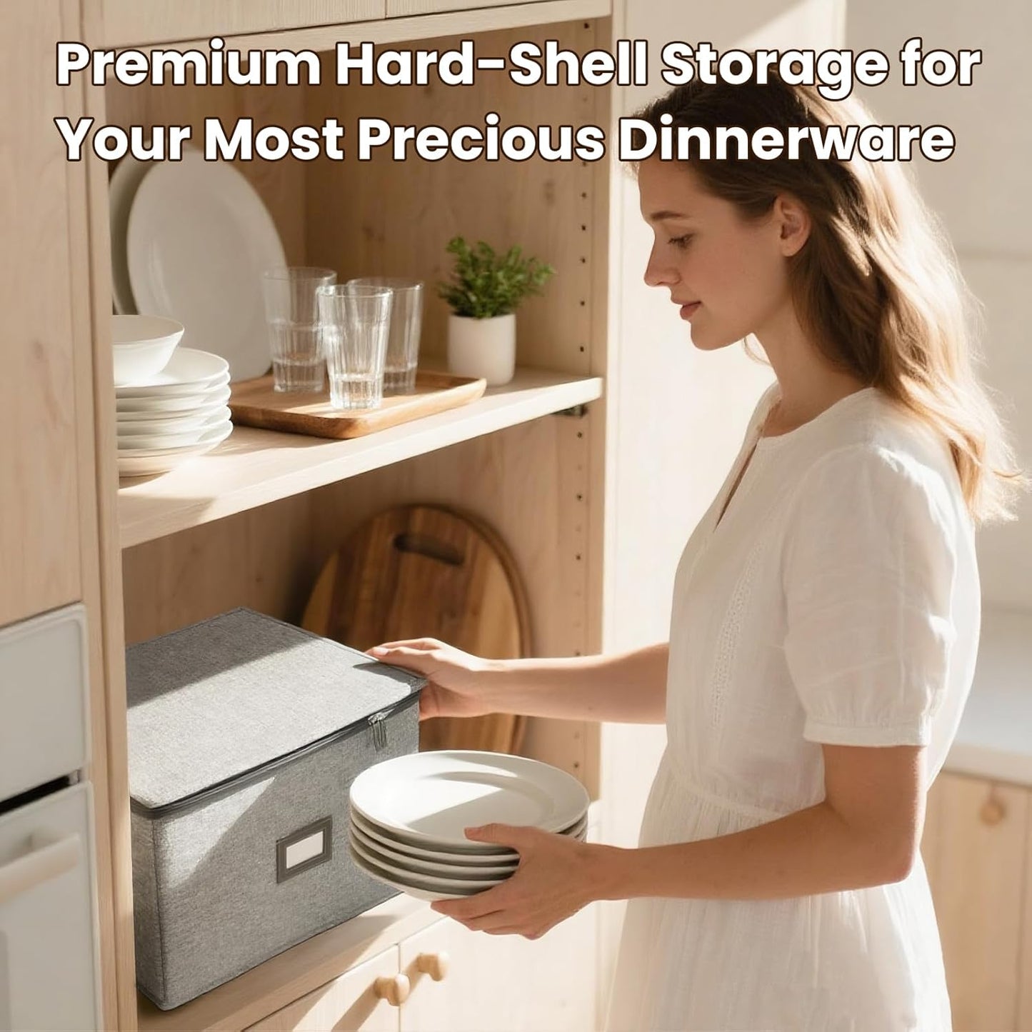 HOMELUX THEORY Plate Storage Box, 2pc 10"x8" Light Gray Hard Shell China Storage Containers, Kitchen Storage Bins With Lids, Heavy Duty Moving Box with Handles for Dishes, Dinner Plate & Dinnerware